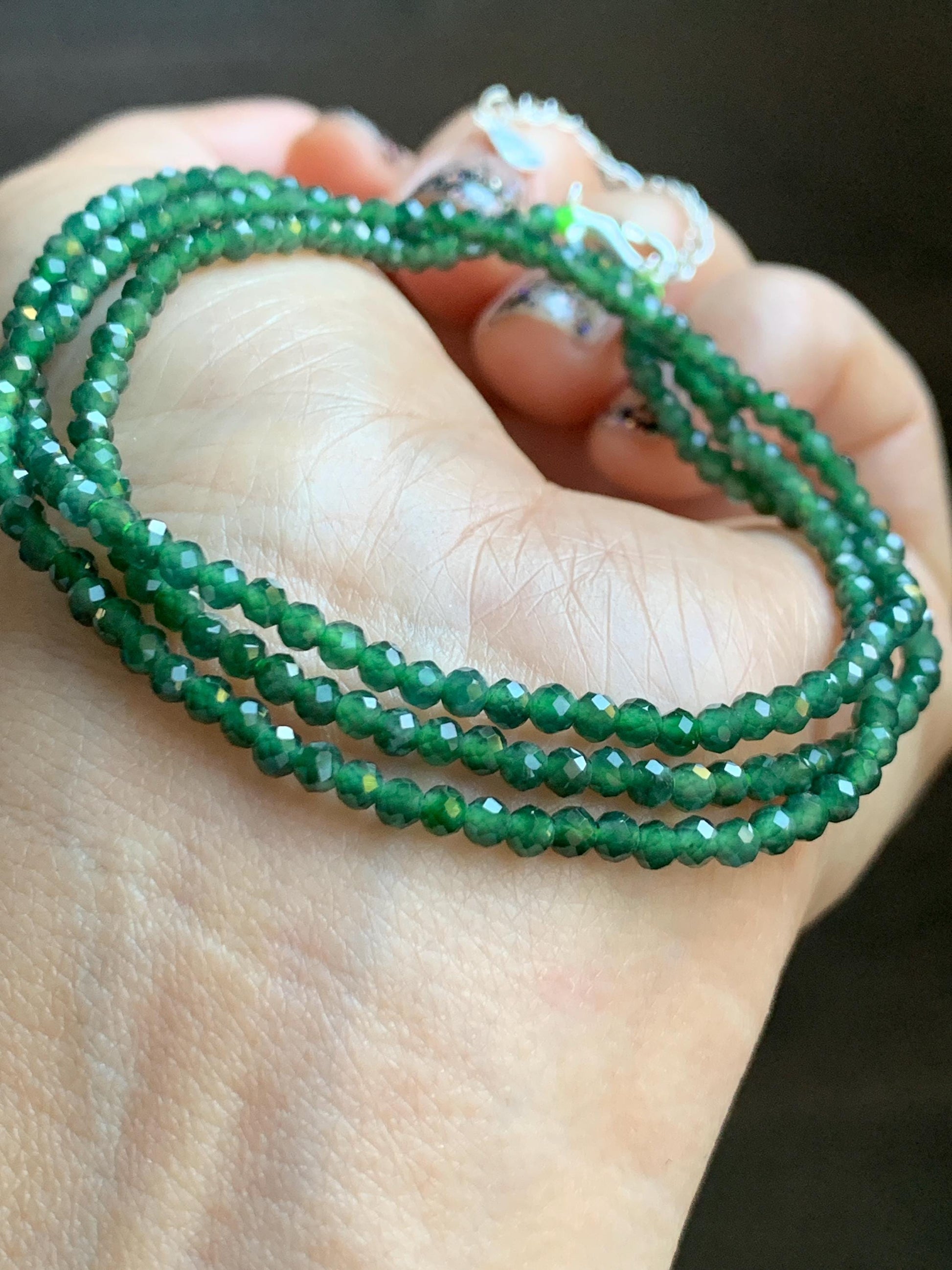Natural Grade A Guatemalan Icy Translucent Dark Green Jade Jadeite Petite Faceted Beads Necklace Sterling Silver 3mm 22” 天然冰危绿翡翠切割圆珠项链WLV260