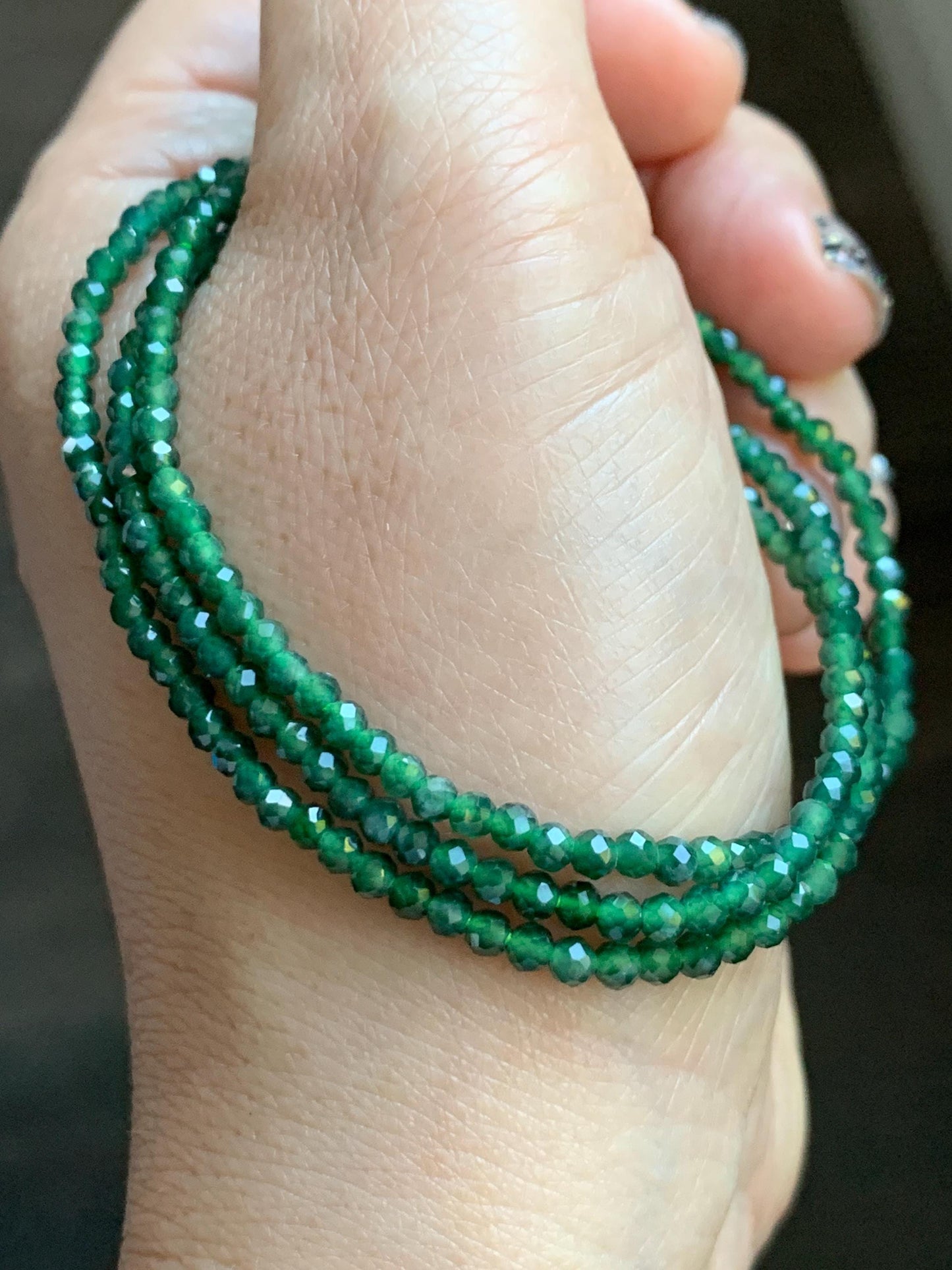 Natural Grade A Guatemalan Icy Translucent Dark Green Jade Jadeite Petite Faceted Beads Necklace Sterling Silver 3mm 22” 天然冰危绿翡翠切割圆珠项链WLV260