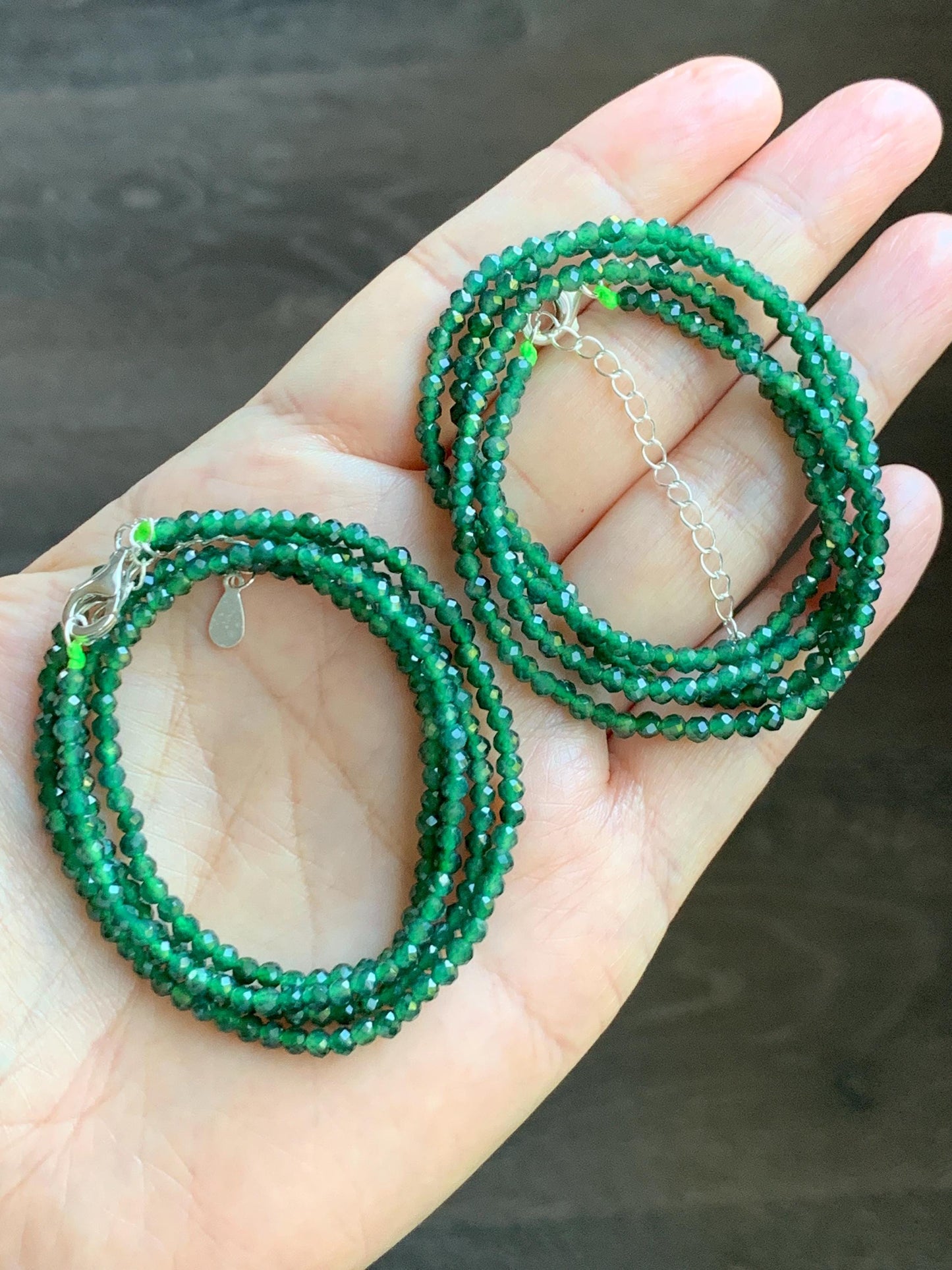 Natural Grade A Guatemalan Icy Translucent Dark Green Jade Jadeite Petite Faceted Beads Necklace Sterling Silver 3mm 22” 天然冰危绿翡翠切割圆珠项链WLV260
