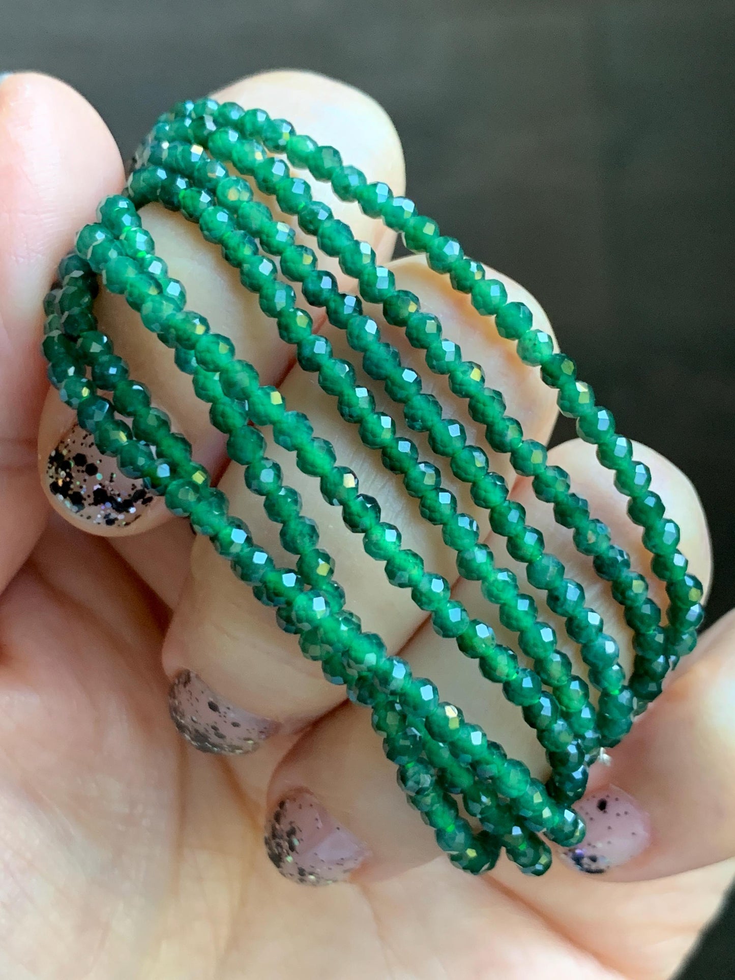 Natural Grade A Guatemalan Icy Translucent Dark Green Jade Jadeite Petite Faceted Beads Necklace Sterling Silver 3mm 22” 天然冰危绿翡翠切割圆珠项链WLV260