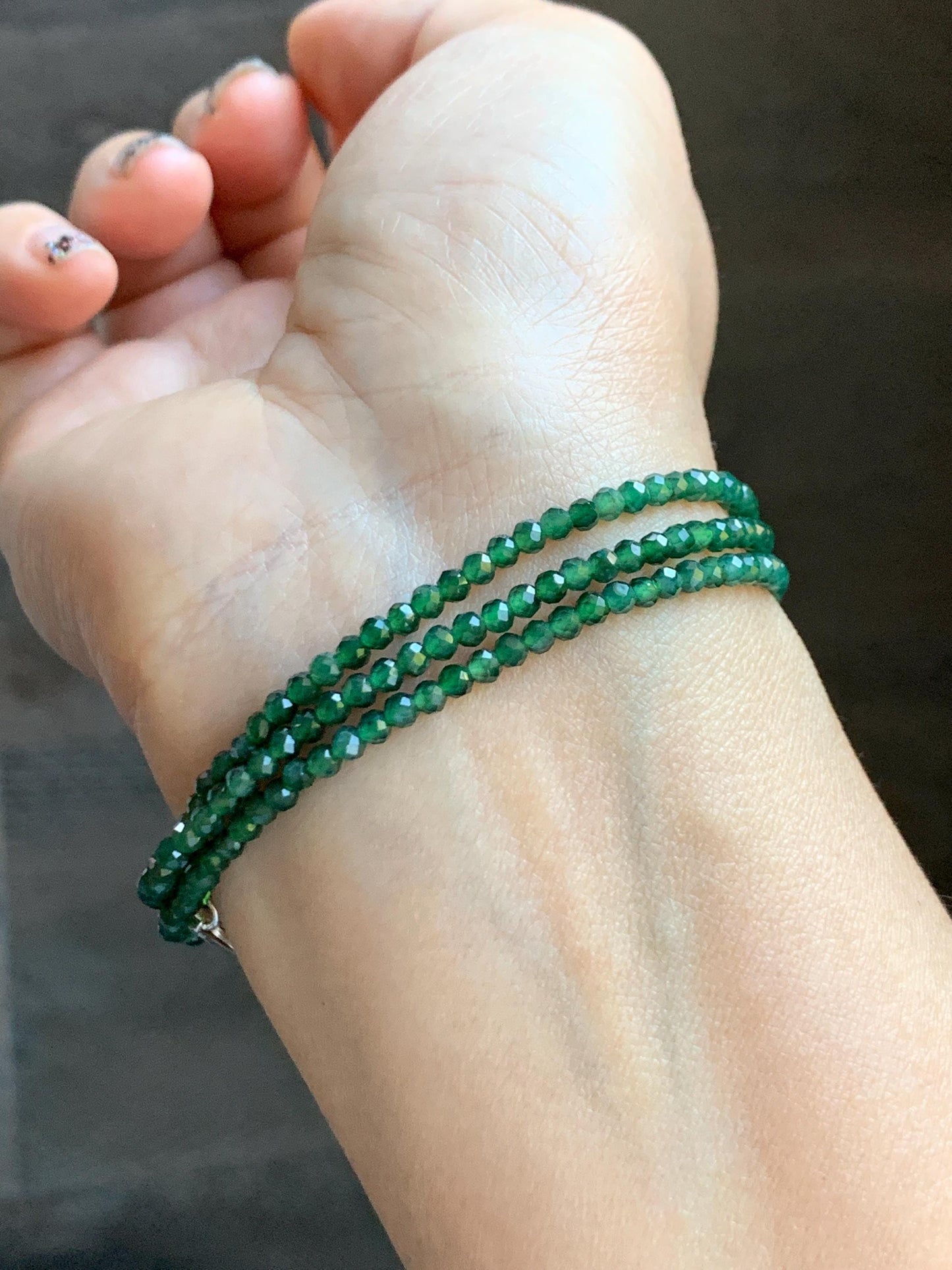 Natural Grade A Guatemalan Icy Translucent Dark Green Jade Jadeite Petite Faceted Beads Necklace Sterling Silver 3mm 22” 天然冰危绿翡翠切割圆珠项链WLV260