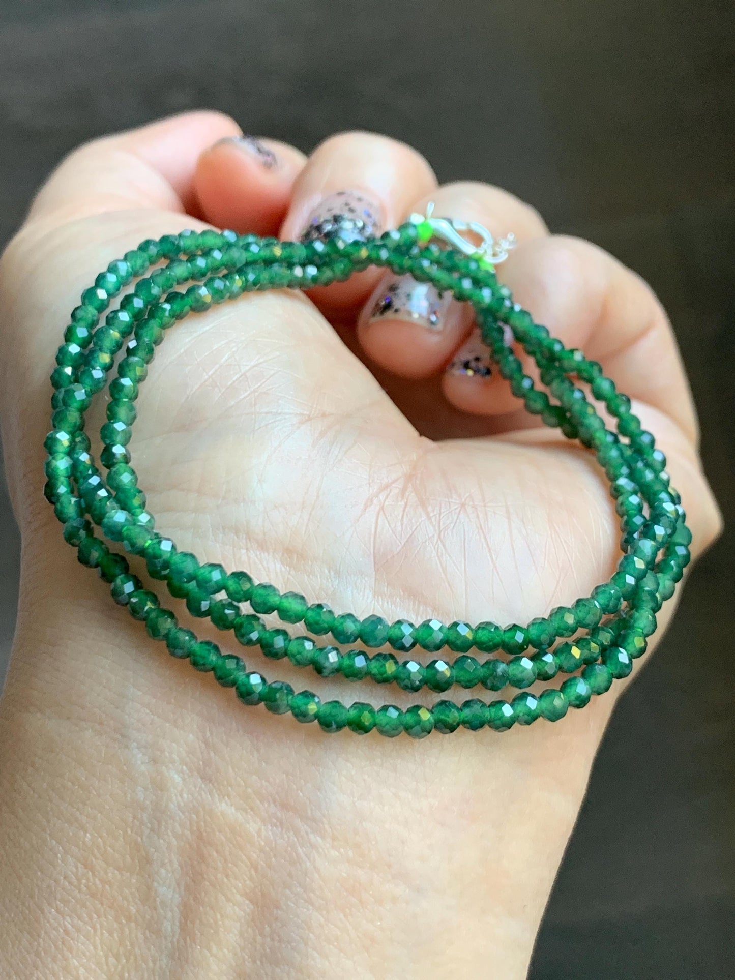 Natural Grade A Guatemalan Icy Translucent Dark Green Jade Jadeite Petite Faceted Beads Necklace Sterling Silver 3mm 22” 天然冰危绿翡翠切割圆珠项链WLV260