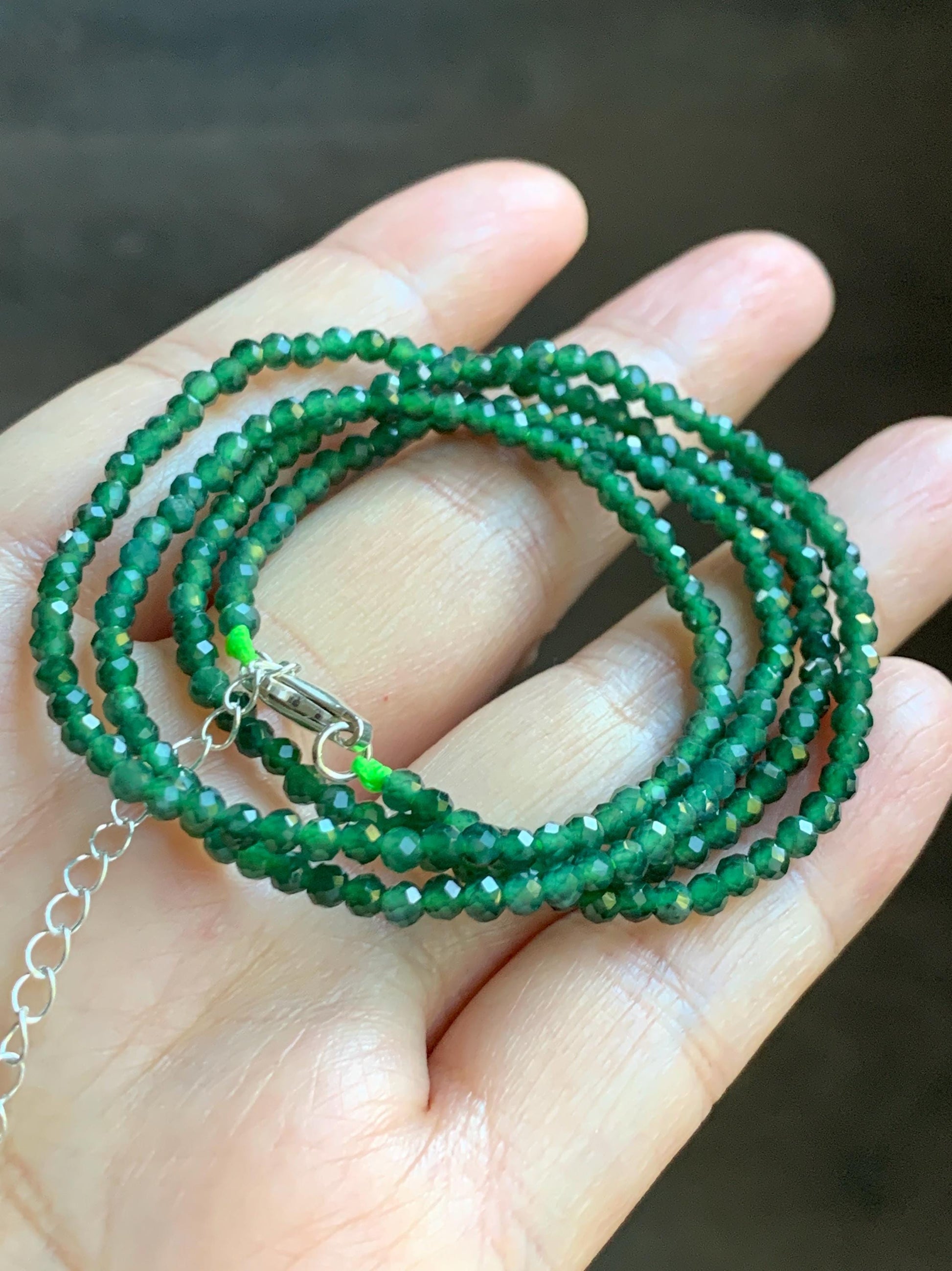 Natural Grade A Guatemalan Icy Translucent Dark Green Jade Jadeite Petite Faceted Beads Necklace Sterling Silver 3mm 22” 天然冰危绿翡翠切割圆珠项链WLV260