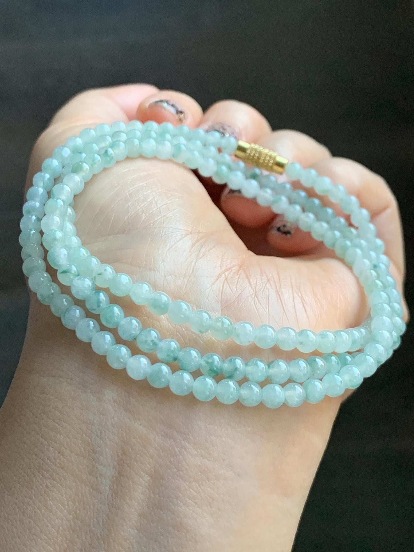 Grade A Natural Icy Translucent White Green Marbled Jade Jadeite Petite Beads Beaded Necklace 4mm 23” 18g 天然冰飘绿花翡翠小圆珠项链 MPH138