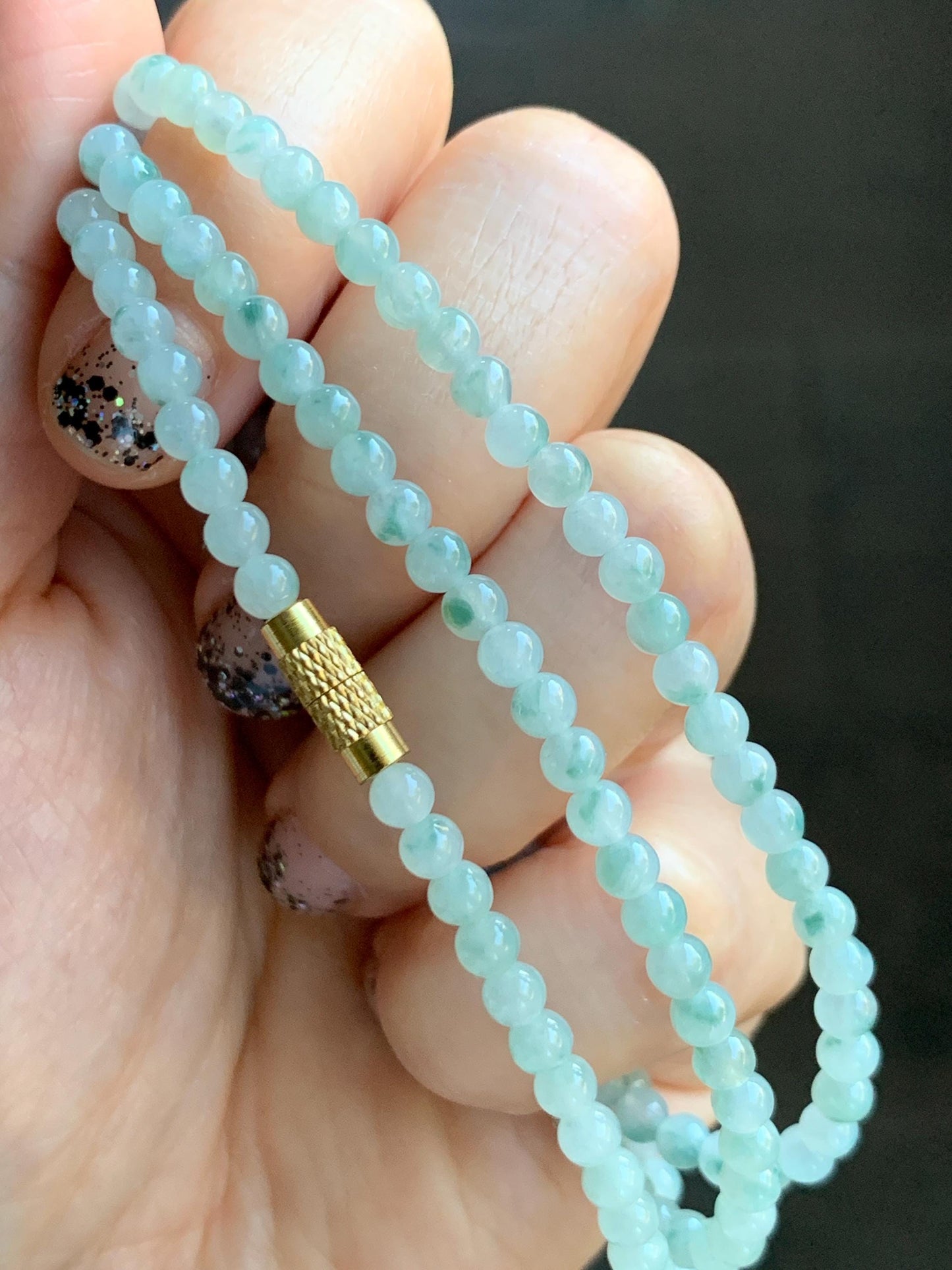 Grade A Natural Icy Translucent White Green Marbled Jade Jadeite Petite Beads Beaded Necklace 4mm 23” 18g 天然冰飘绿花翡翠小圆珠项链 MPH138