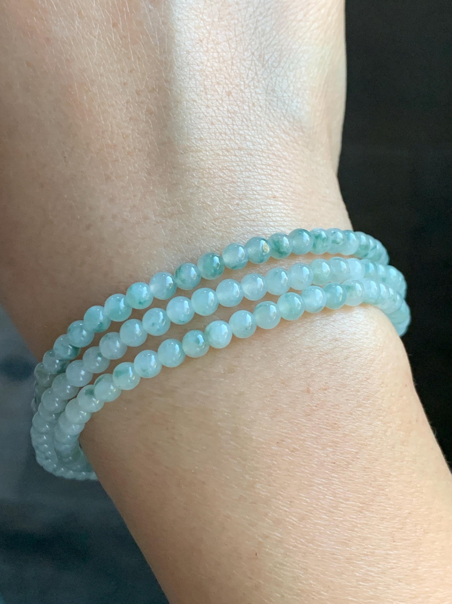 Grade A Natural Icy Translucent White Green Marbled Jade Jadeite Petite Beads Beaded Necklace 4mm 23” 18g 天然冰飘绿花翡翠小圆珠项链 MPH138