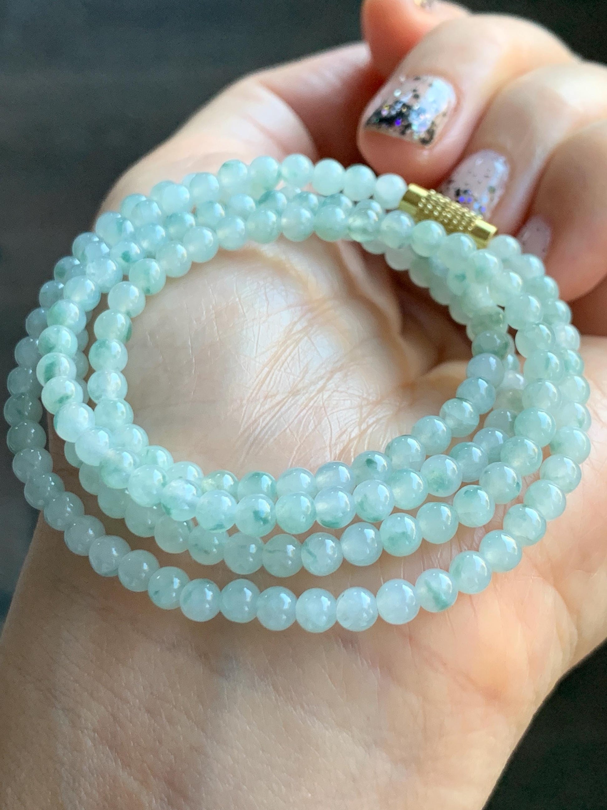 Grade A Natural Icy Translucent White Green Marbled Jade Jadeite Petite Beads Beaded Necklace 4mm 23” 18g 天然冰飘绿花翡翠小圆珠项链 MPH138