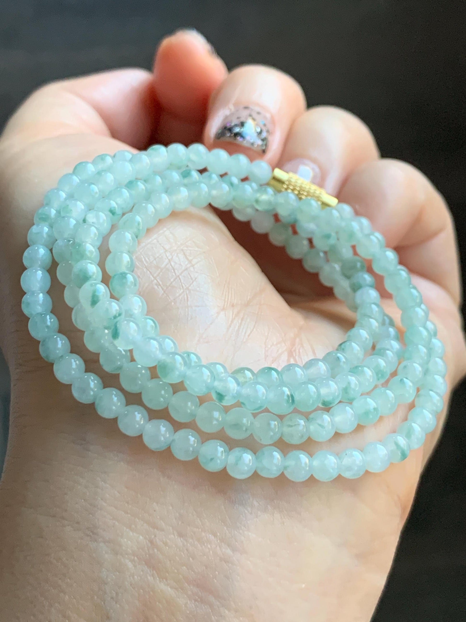 Grade A Natural Icy Translucent White Green Marbled Jade Jadeite Petite Beads Beaded Necklace 4mm 23” 18g 天然冰飘绿花翡翠小圆珠项链 MPH138