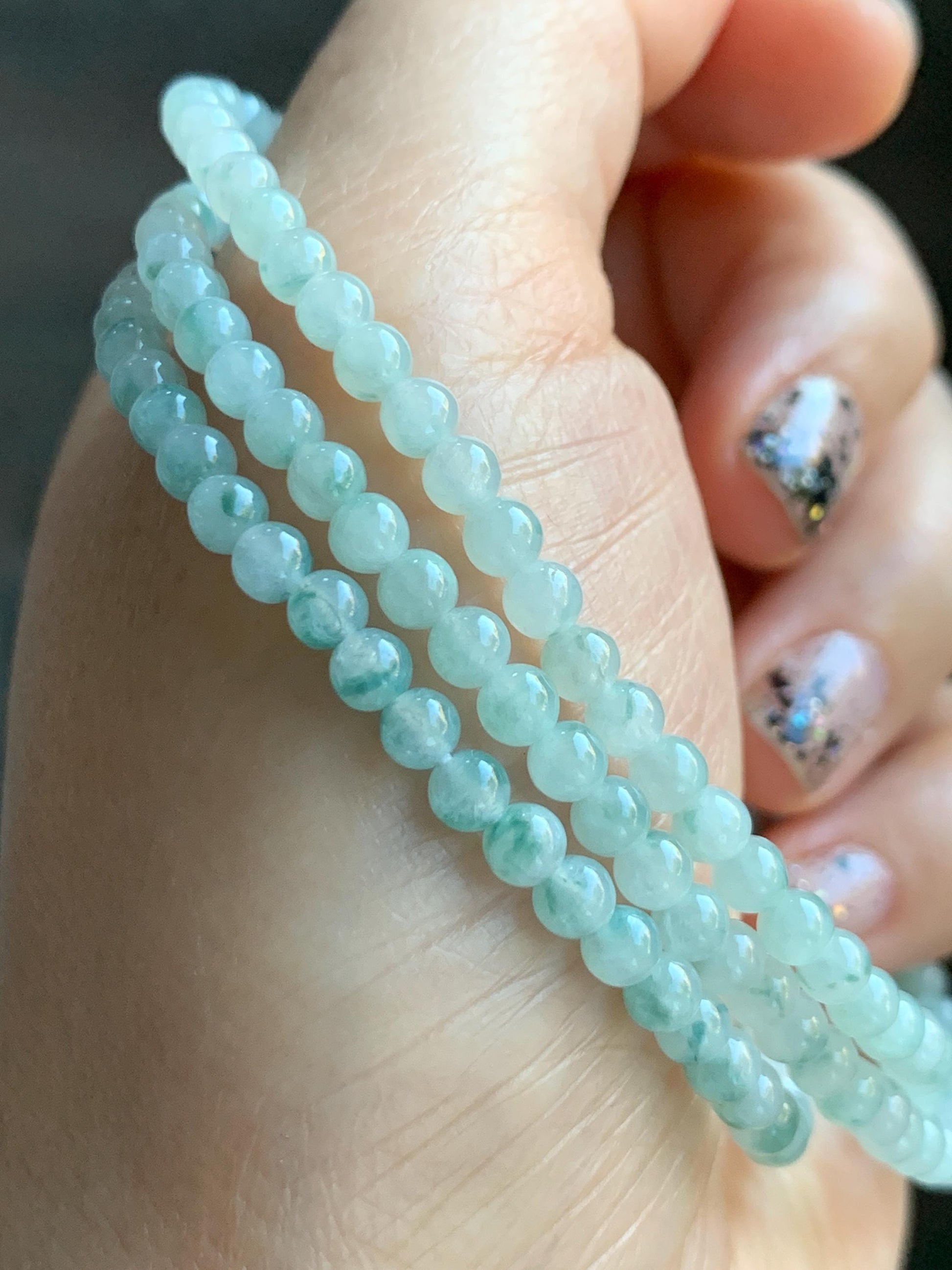 Grade A Natural Icy Translucent White Green Marbled Jade Jadeite Petite Beads Beaded Necklace 4mm 23” 18g 天然冰飘绿花翡翠小圆珠项链 MPH138