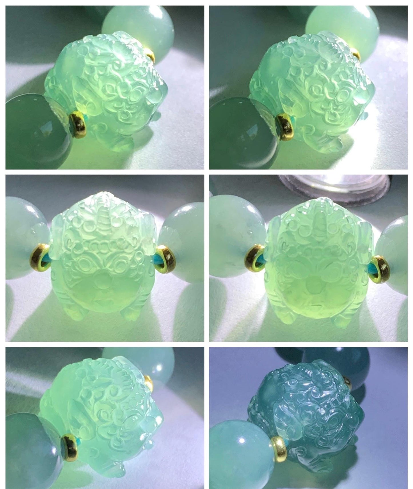 Natural Grade A Guatemalan Icy Highly Translucent Dusty Teal Blue Jade Jadeite Pixiu Beaded Bracelet 9.8mm 7.5” 35g 天然冰危蓝绿翡翠貔貅圆珠手串 WVP358