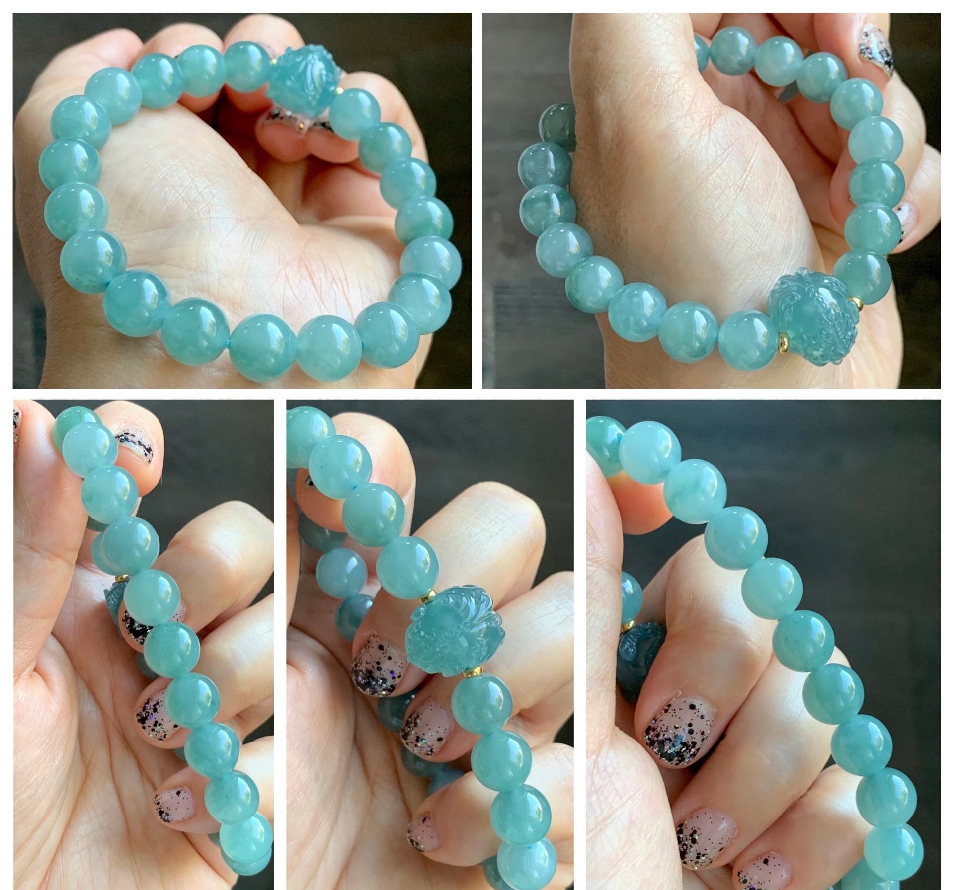 Natural Grade A Guatemalan Icy Highly Translucent Dusty Teal Blue Jade Jadeite Pixiu Beaded Bracelet 9.8mm 7.5” 35g 天然冰危蓝绿翡翠貔貅圆珠手串 WVP358