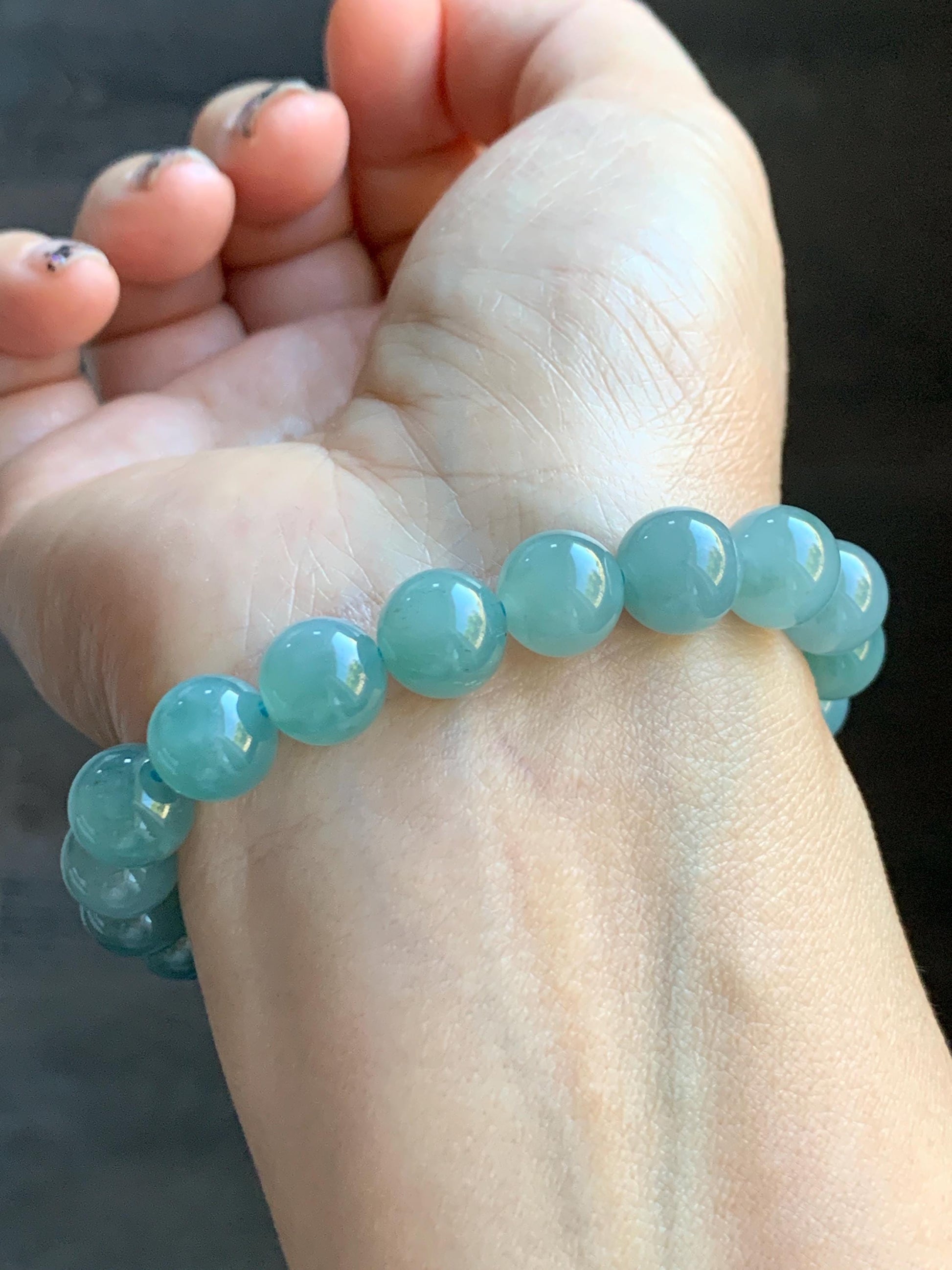 Natural Grade A Guatemalan Icy Highly Translucent Dusty Teal Blue Jade Jadeite Pixiu Beaded Bracelet 9.8mm 7.5” 35g 天然冰危蓝绿翡翠貔貅圆珠手串 WVP358