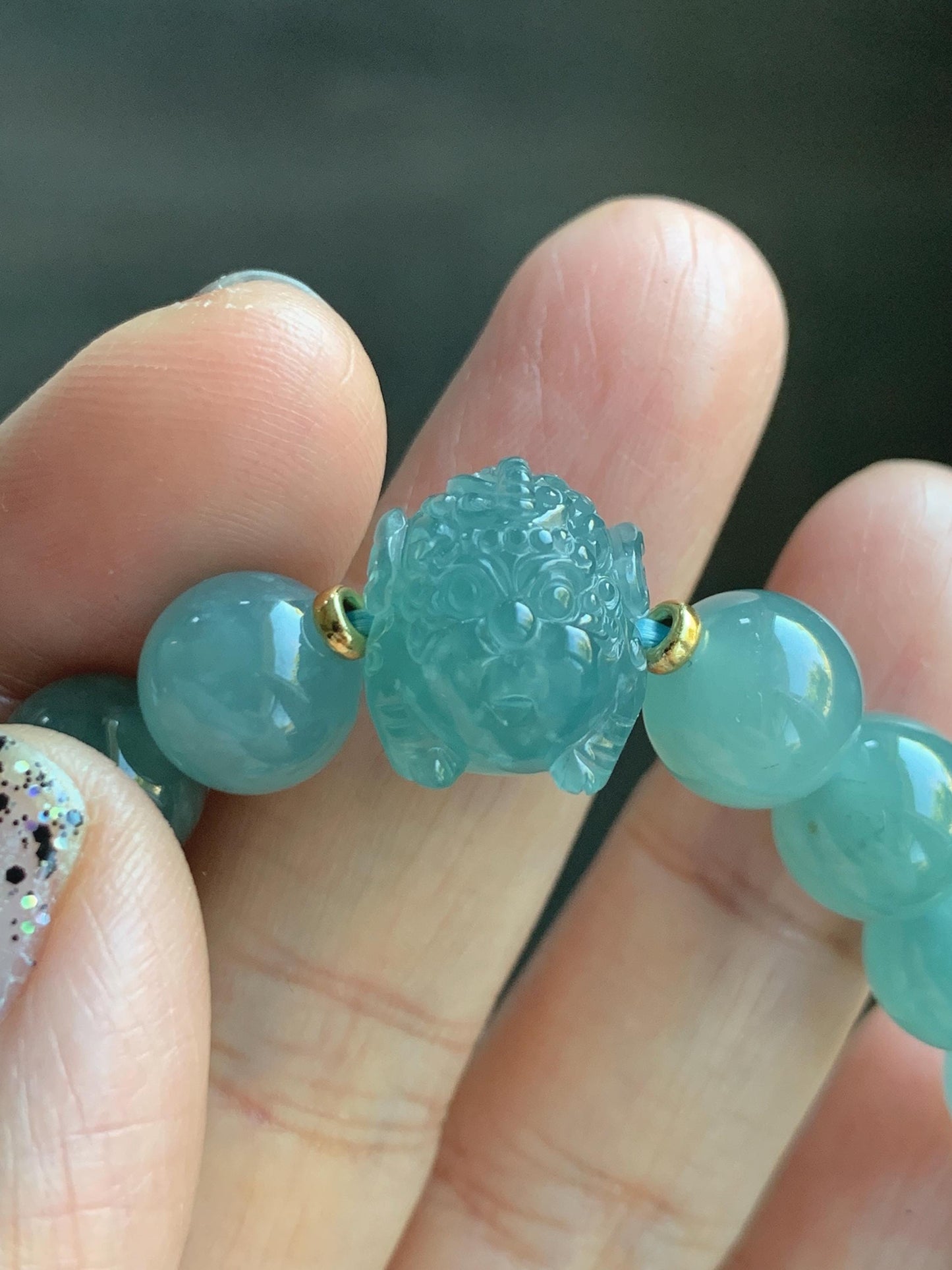 Natural Grade A Guatemalan Icy Highly Translucent Dusty Teal Blue Jade Jadeite Pixiu Beaded Bracelet 9.8mm 7.5” 35g 天然冰危蓝绿翡翠貔貅圆珠手串 WVP358