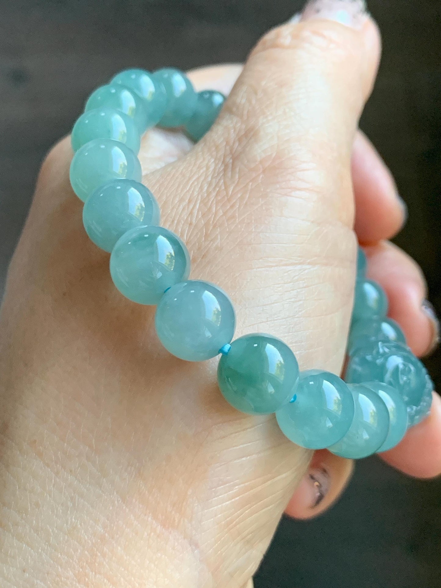 Natural Grade A Guatemalan Icy Highly Translucent Dusty Teal Blue Jade Jadeite Pixiu Beaded Bracelet 9.8mm 7.5” 35g 天然冰危蓝绿翡翠貔貅圆珠手串 WVP358