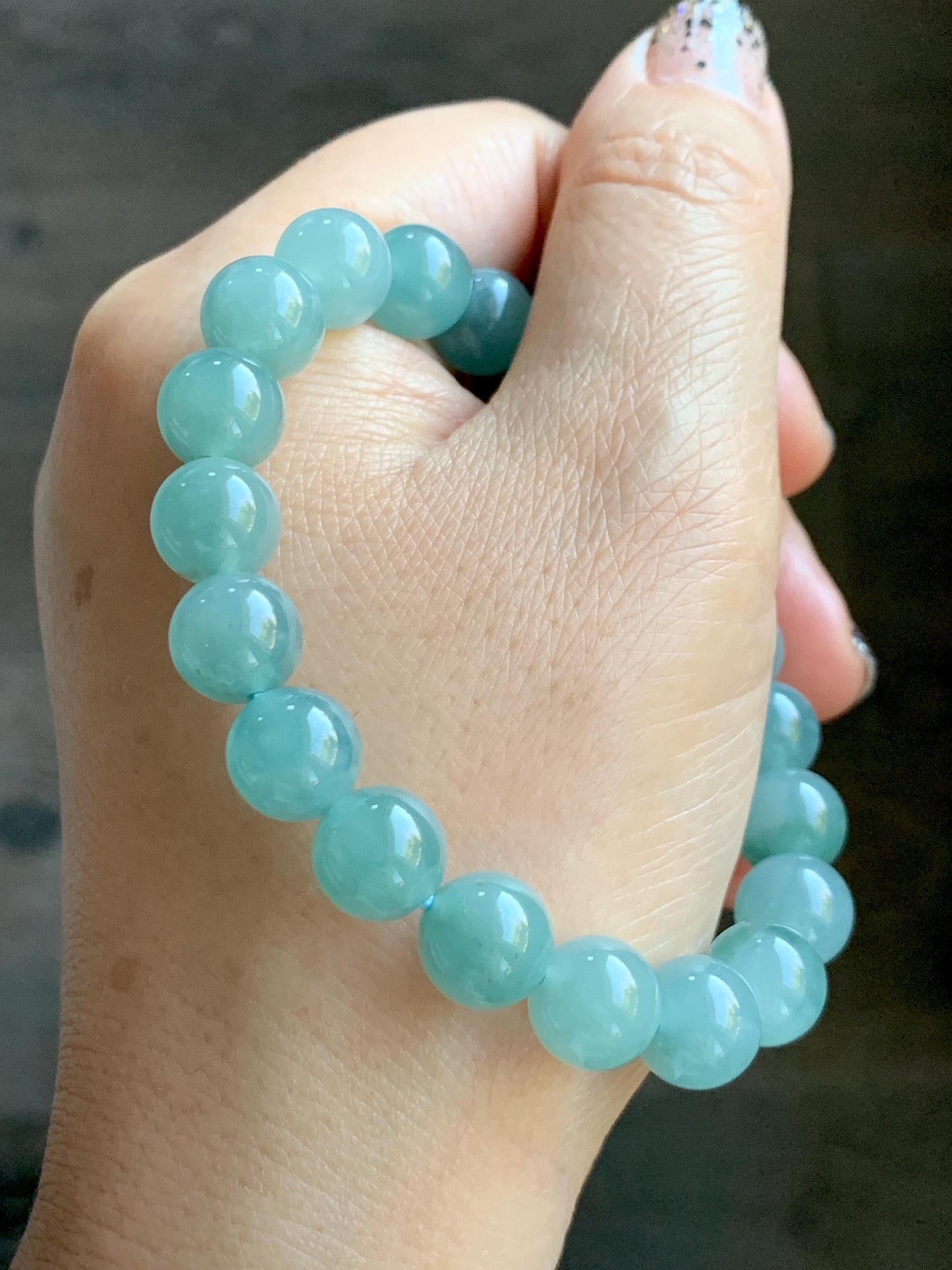 Natural Grade A Guatemalan Icy Highly Translucent Dusty Teal Blue Jade Jadeite Pixiu Beaded Bracelet 9.8mm 7.5” 35g 天然冰危蓝绿翡翠貔貅圆珠手串 WVP358