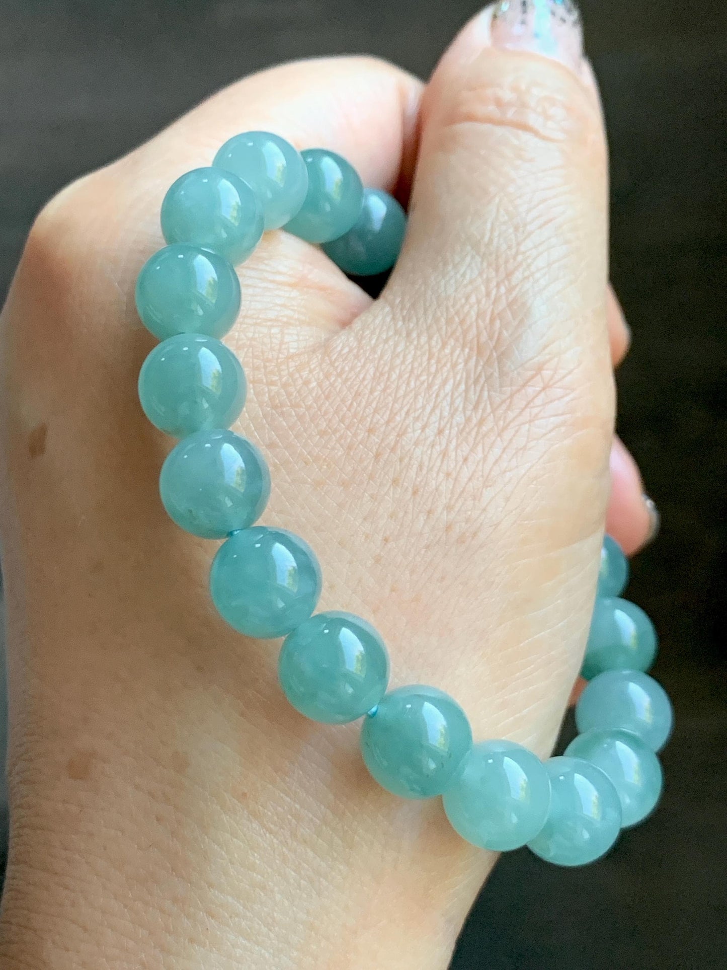 Natural Grade A Guatemalan Icy Highly Translucent Dusty Teal Blue Jade Jadeite Pixiu Beaded Bracelet 9.8mm 7.5” 35g 天然冰危蓝绿翡翠貔貅圆珠手串 WVP358