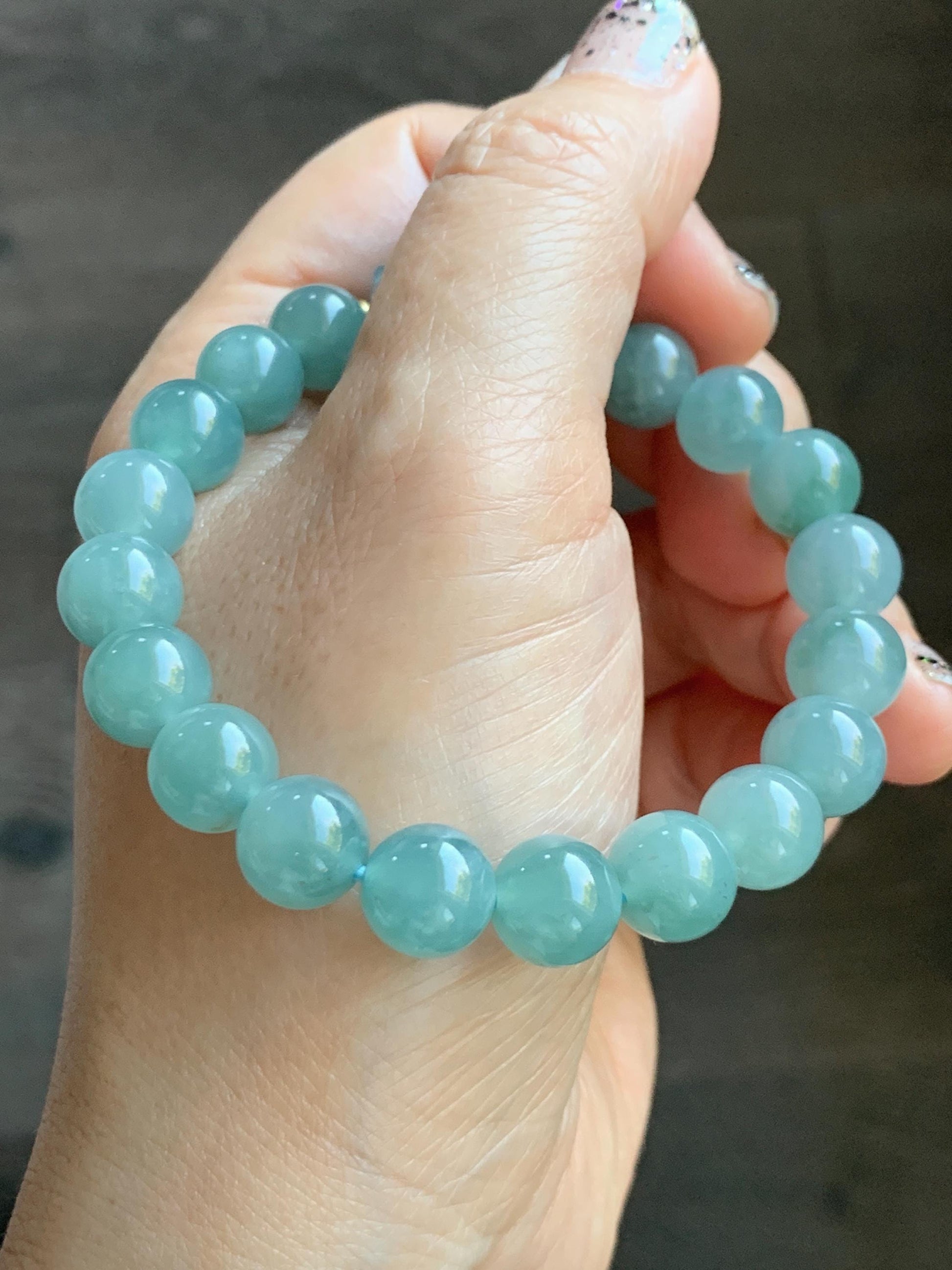 Natural Grade A Guatemalan Icy Highly Translucent Dusty Teal Blue Jade Jadeite Pixiu Beaded Bracelet 9.8mm 7.5” 35g 天然冰危蓝绿翡翠貔貅圆珠手串 WVP358