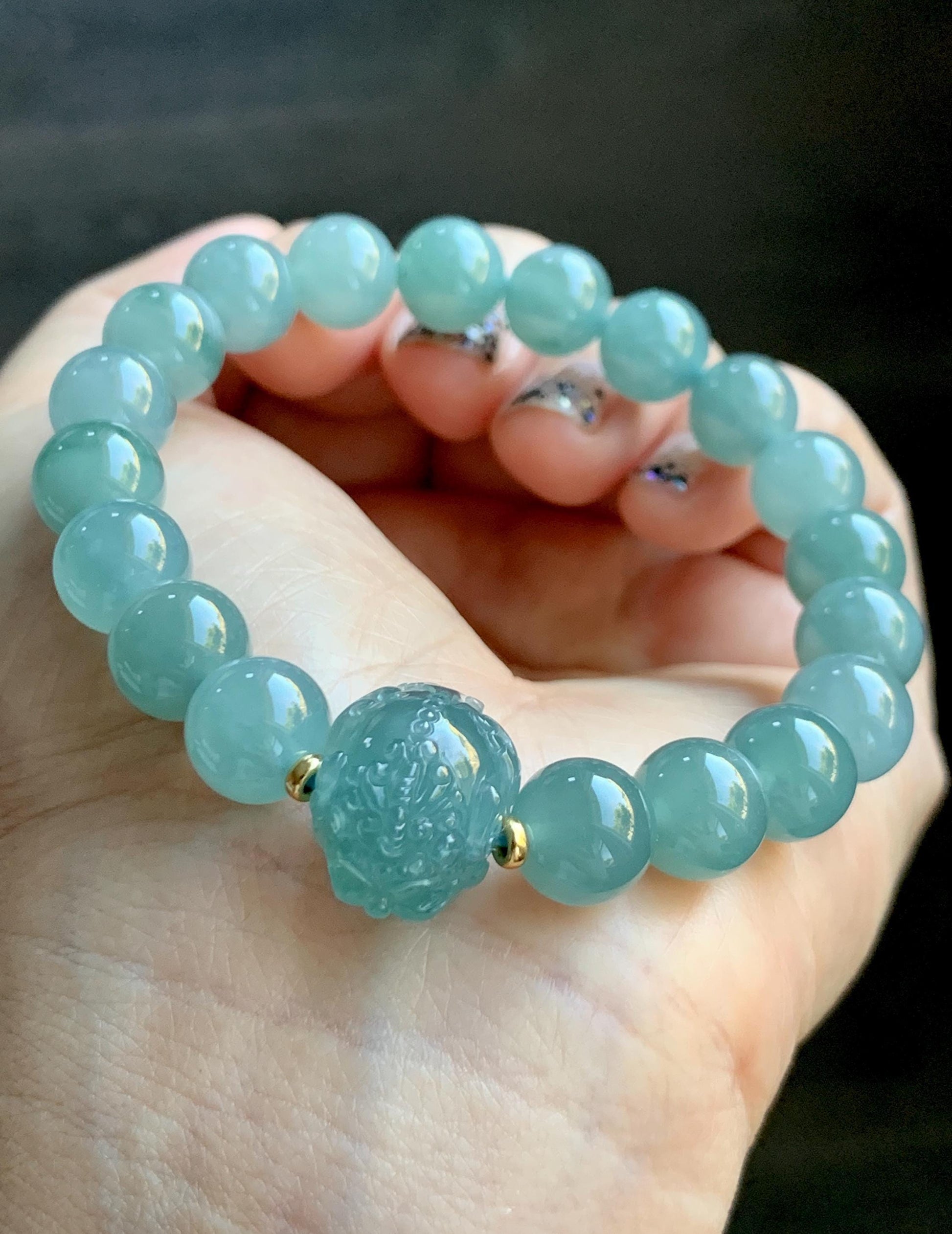 Natural Grade A Guatemalan Icy Highly Translucent Dusty Teal Blue Jade Jadeite Pixiu Beaded Bracelet 9.8mm 7.5” 35g 天然冰危蓝绿翡翠貔貅圆珠手串 WVP358