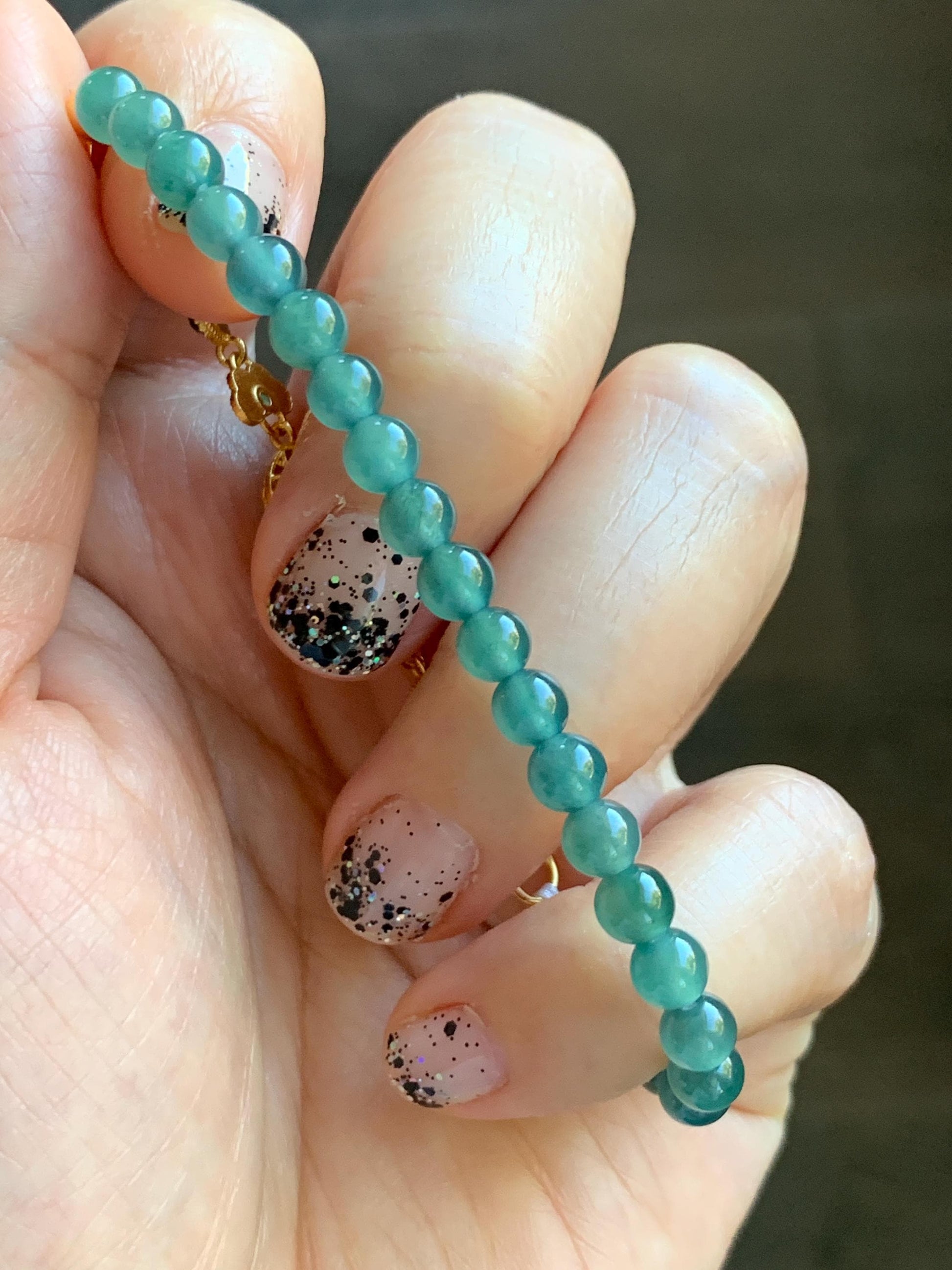 Natural Grade A Guatemalan Icy Translucent Dark Teal Green Jade Jadeite Charm Beads Beaded Bracelet Sterling Silver 7” 天然冰危蓝绿翡翠潘多拉圆珠手串WPD168