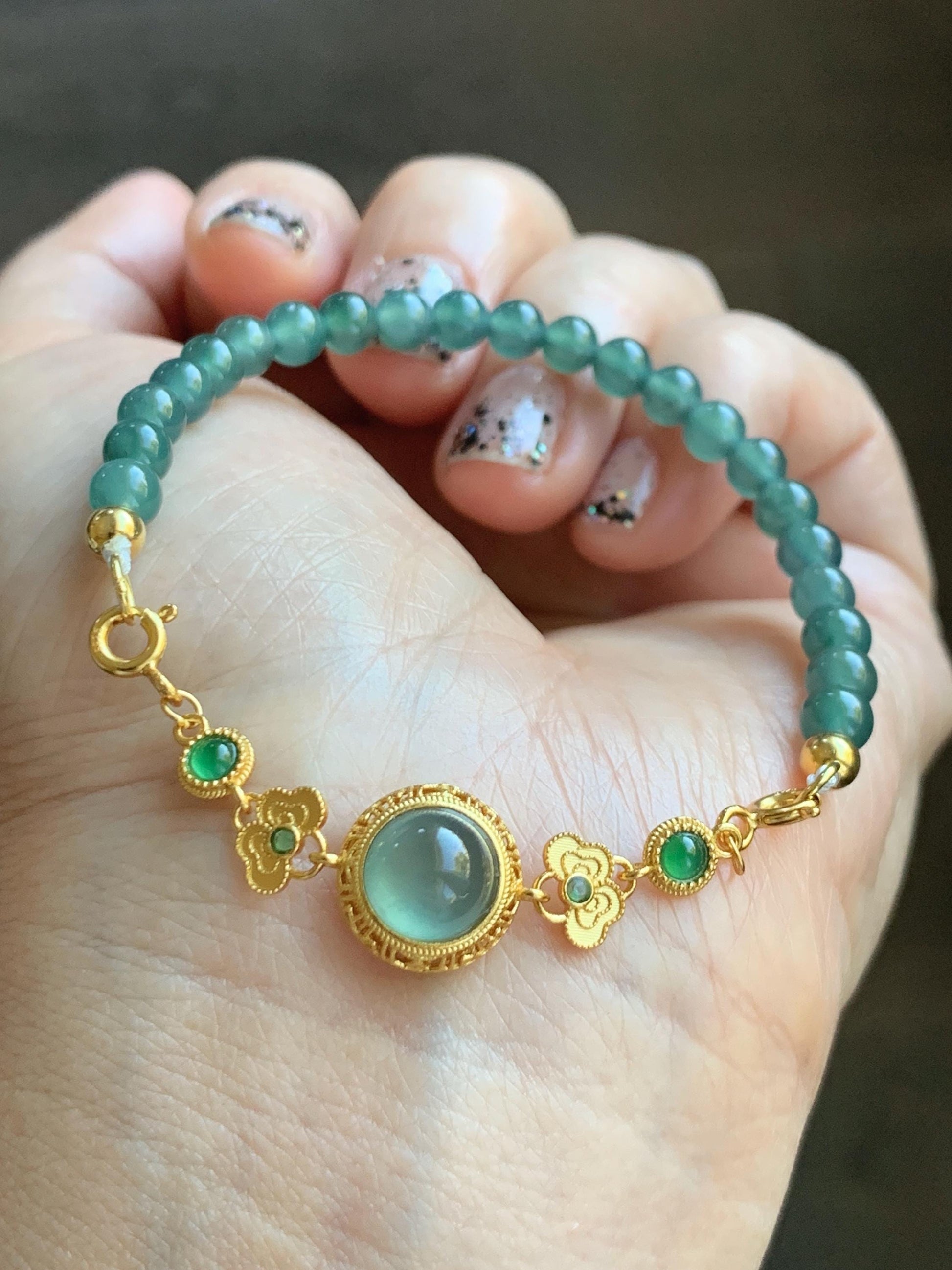 Natural Grade A Guatemalan Icy Translucent Dark Teal Green Jade Jadeite Charm Beads Beaded Bracelet Sterling Silver 7” 天然冰危蓝绿翡翠潘多拉圆珠手串WPD168