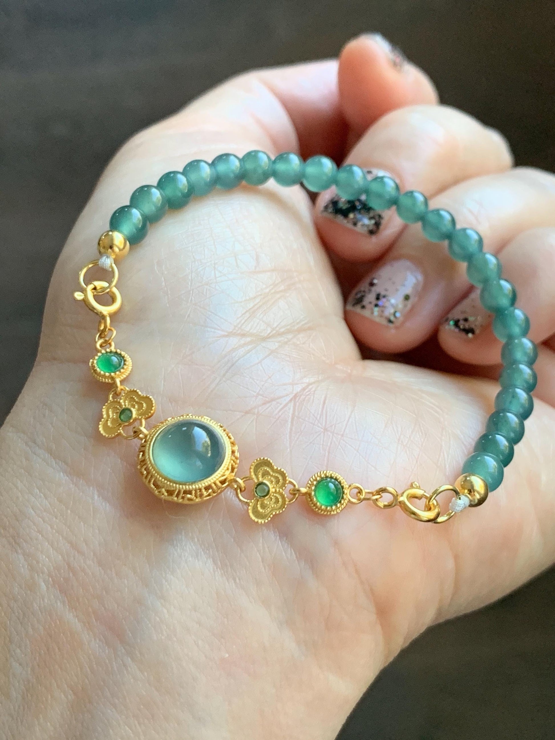 Natural Grade A Guatemalan Icy Translucent Dark Teal Green Jade Jadeite Charm Beads Beaded Bracelet Sterling Silver 7” 天然冰危蓝绿翡翠潘多拉圆珠手串WPD168