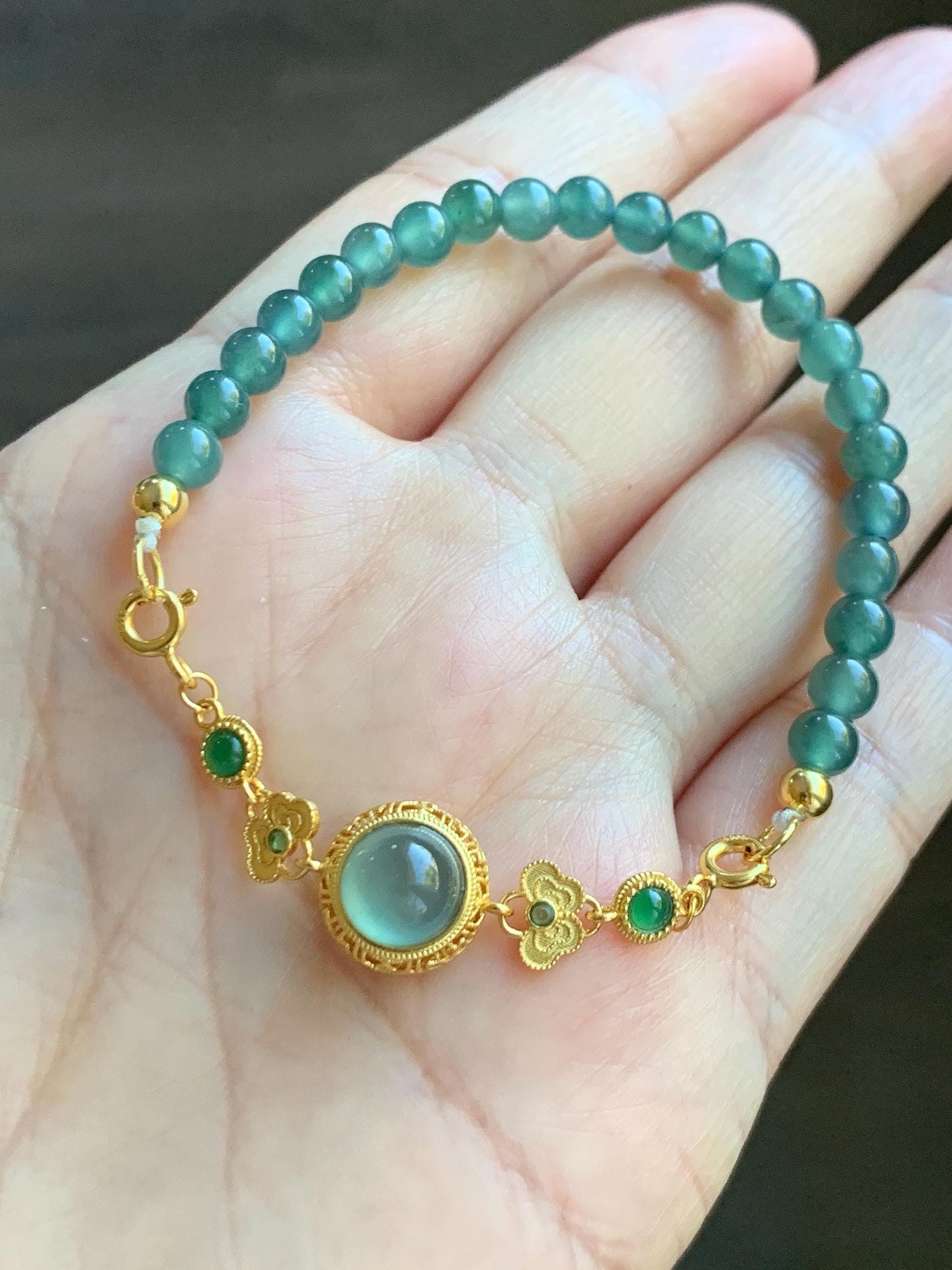Natural Grade A Guatemalan Icy Translucent Dark Teal Green Jade Jadeite Charm Beads Beaded Bracelet Sterling Silver 7” 天然冰危蓝绿翡翠潘多拉圆珠手串WPD168