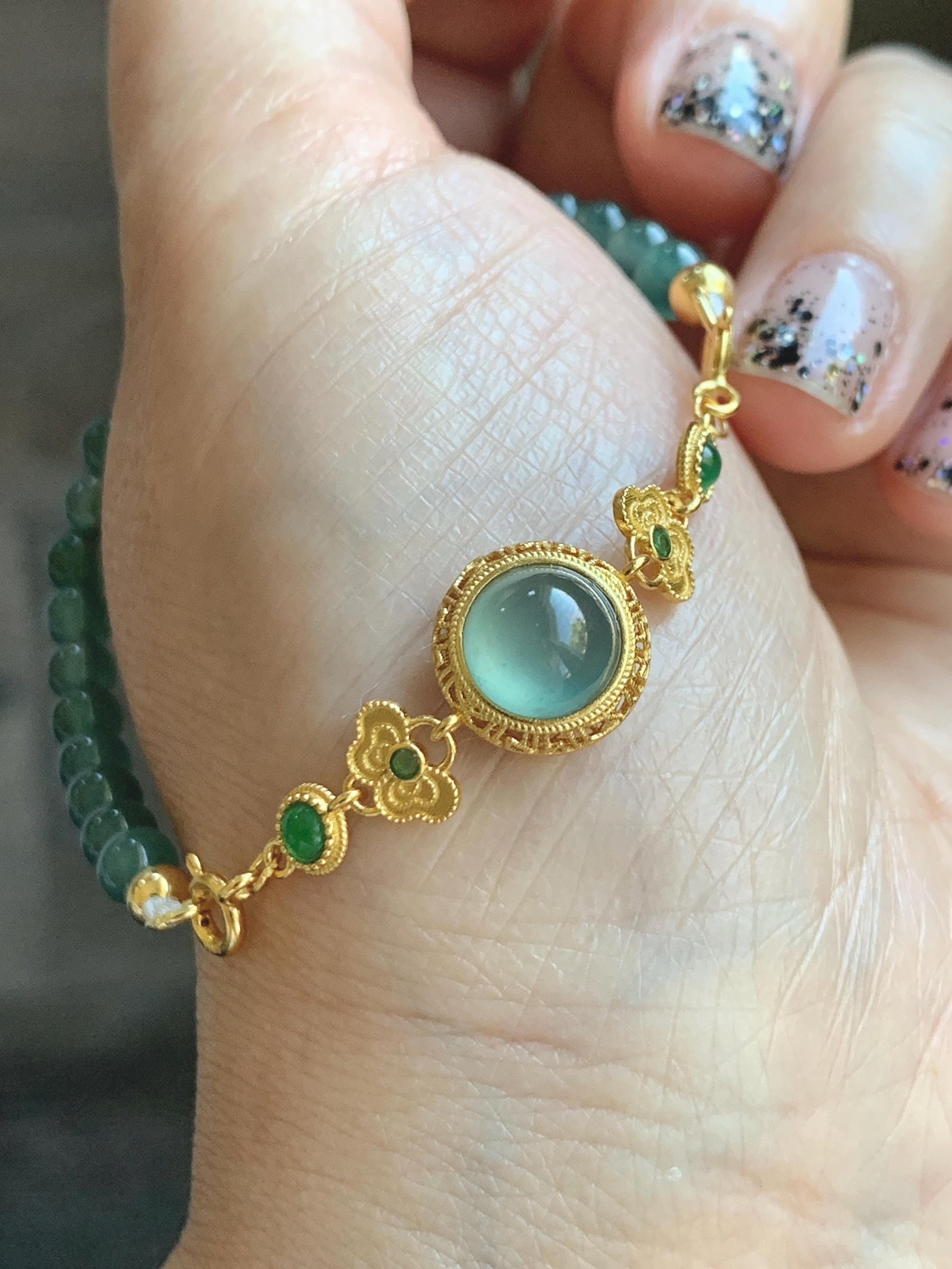Natural Grade A Guatemalan Icy Translucent Dark Teal Green Jade Jadeite Charm Beads Beaded Bracelet Sterling Silver 7” 天然冰危蓝绿翡翠潘多拉圆珠手串WPD168