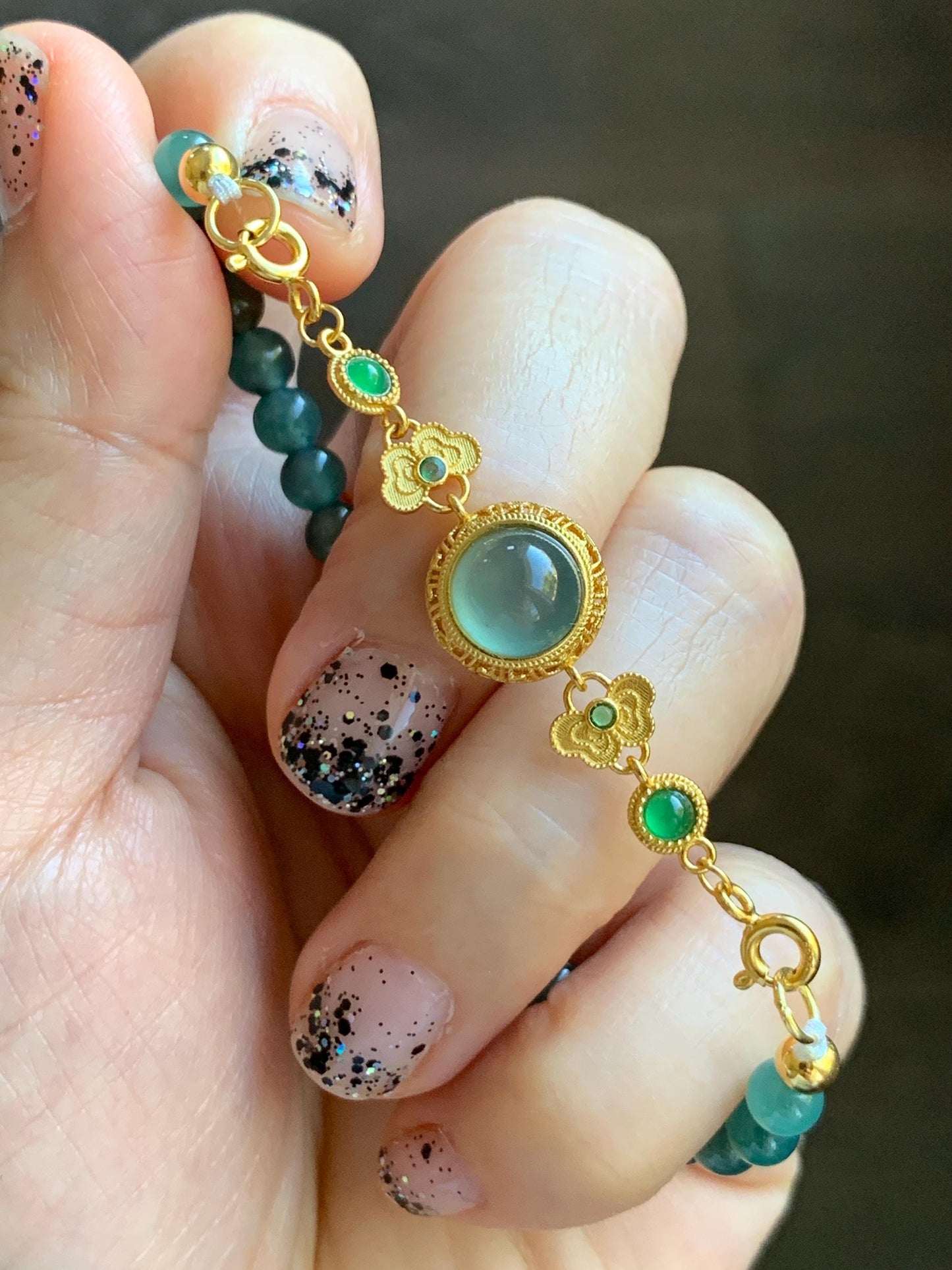 Natural Grade A Guatemalan Icy Translucent Dark Teal Green Jade Jadeite Charm Beads Beaded Bracelet Sterling Silver 7” 天然冰危蓝绿翡翠潘多拉圆珠手串WPD168