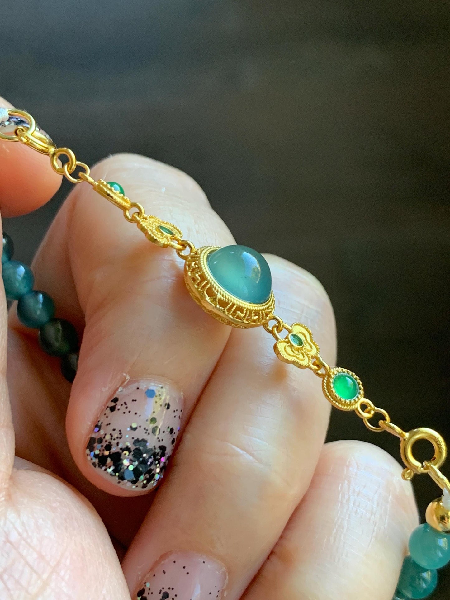 Natural Grade A Guatemalan Icy Translucent Dark Teal Green Jade Jadeite Charm Beads Beaded Bracelet Sterling Silver 7” 天然冰危蓝绿翡翠潘多拉圆珠手串WPD168
