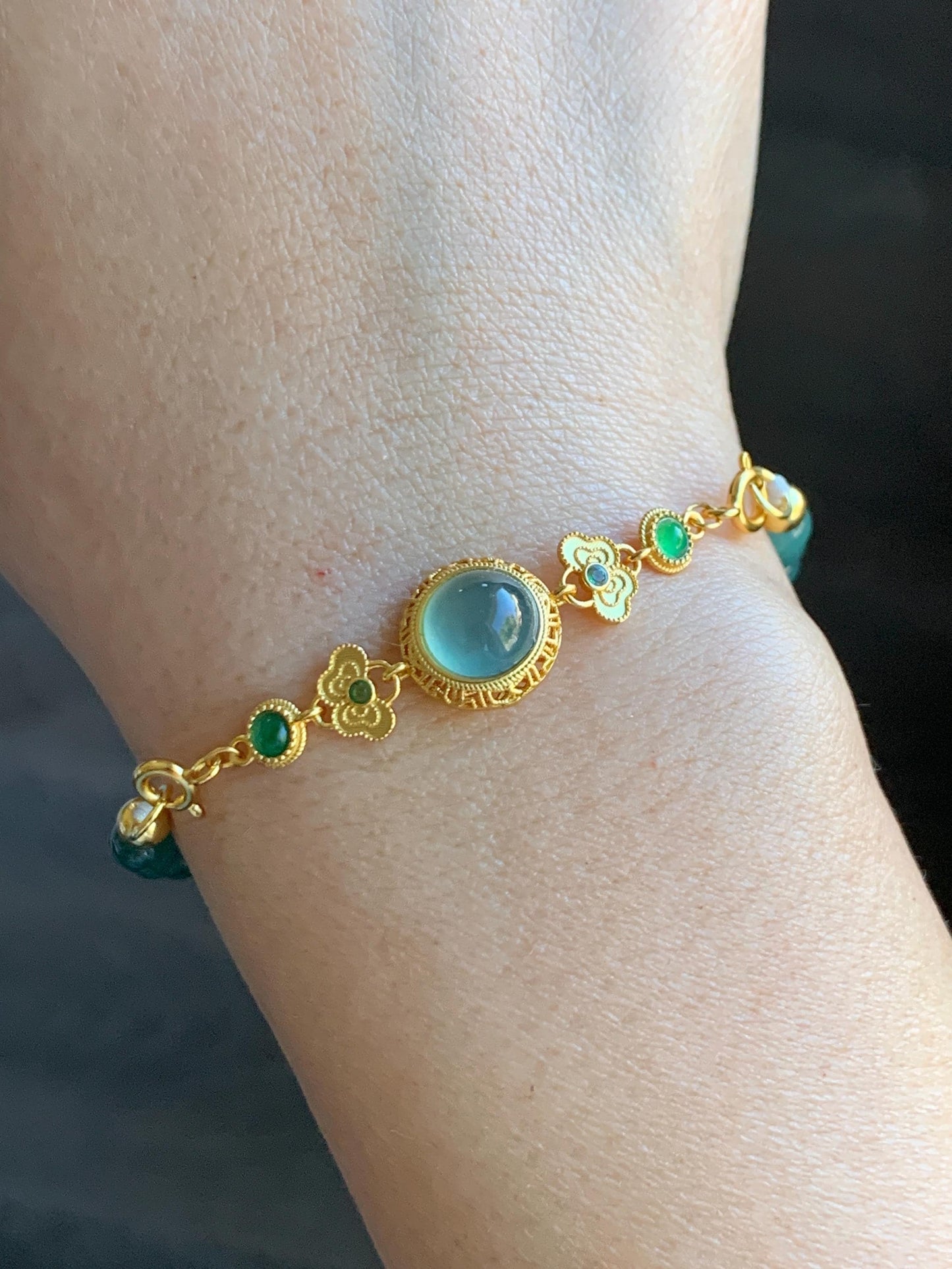 Natural Grade A Guatemalan Icy Translucent Dark Teal Green Jade Jadeite Charm Beads Beaded Bracelet Sterling Silver 7” 天然冰危蓝绿翡翠潘多拉圆珠手串WPD168