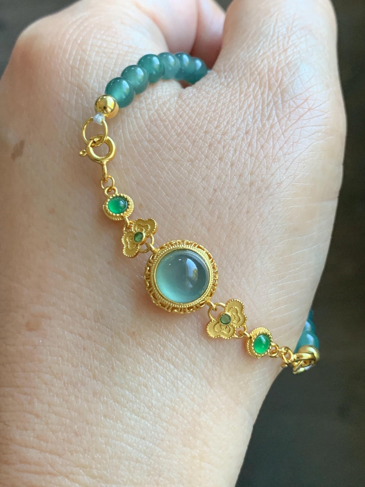 Natural Grade A Guatemalan Icy Translucent Dark Teal Green Jade Jadeite Charm Beads Beaded Bracelet Sterling Silver 7” 天然冰危蓝绿翡翠潘多拉圆珠手串WPD168