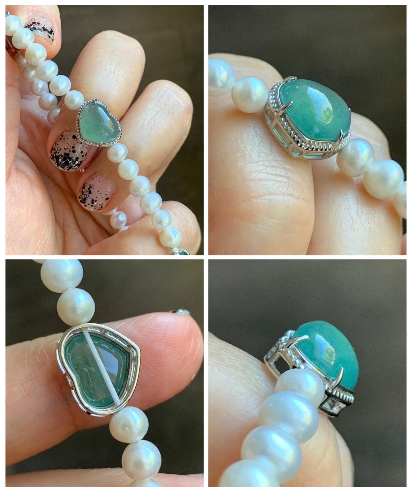 Natural Grade A Icy Translucent Teal Green Jadeite Charms Natural Freshwater Pearls Beaded Bracelet Sterling Silver 7" 天然淡水无核珍珠冰晴翡翠手串ZHF239