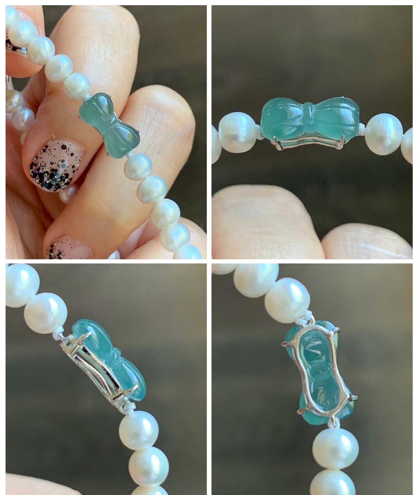 Natural Grade A Icy Translucent Teal Green Jadeite Charms Natural Freshwater Pearls Beaded Bracelet Sterling Silver 7" 天然淡水无核珍珠冰晴翡翠手串ZHF239