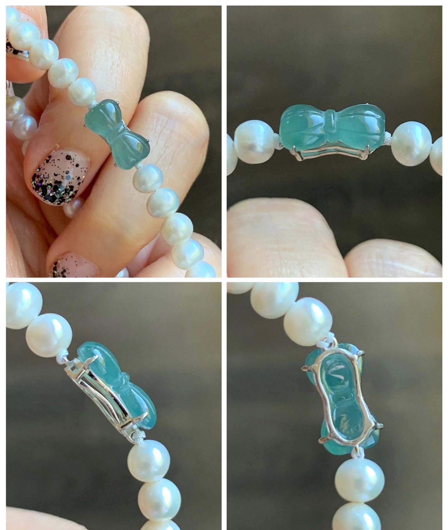 Natural Grade A Icy Translucent Teal Green Jadeite Charms Natural Freshwater Pearls Beaded Bracelet Sterling Silver 7" 天然淡水无核珍珠冰晴翡翠手串ZHF239