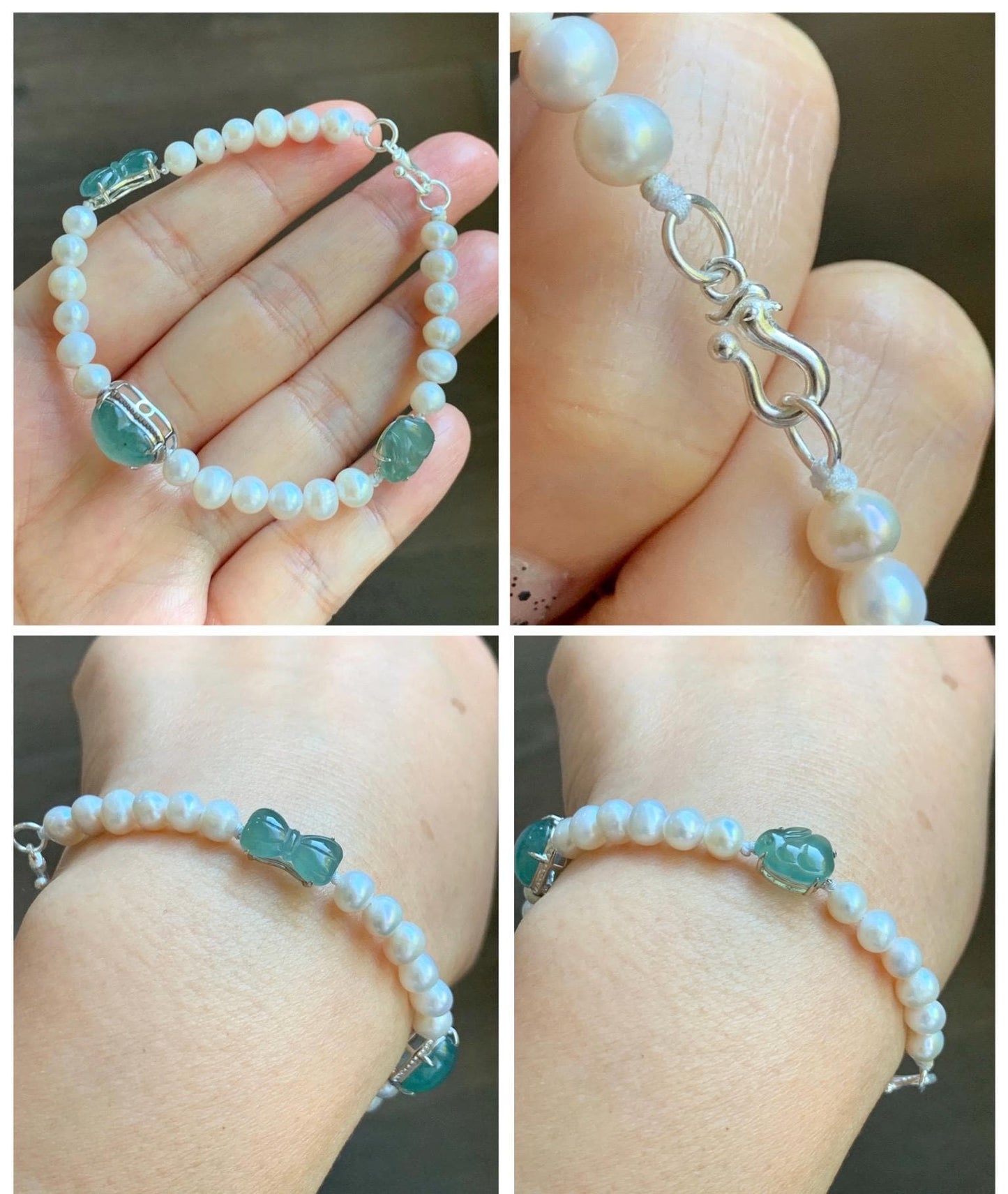 Natural Grade A Icy Translucent Teal Green Jadeite Charms Natural Freshwater Pearls Beaded Bracelet Sterling Silver 7" 天然淡水无核珍珠冰晴翡翠手串ZHF239