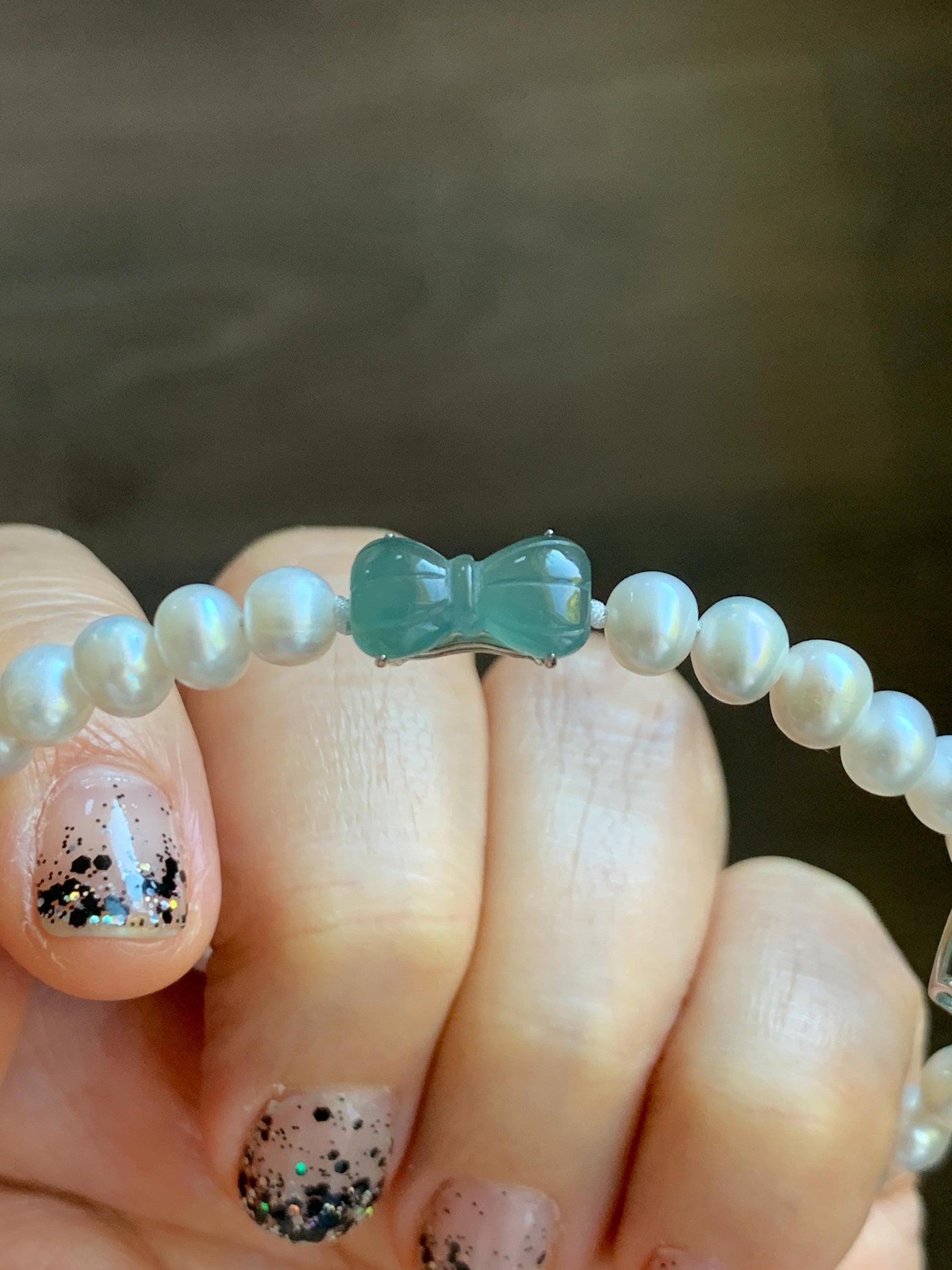 Natural Grade A Icy Translucent Teal Green Jadeite Charms Natural Freshwater Pearls Beaded Bracelet Sterling Silver 7" 天然淡水无核珍珠冰晴翡翠手串ZHF239
