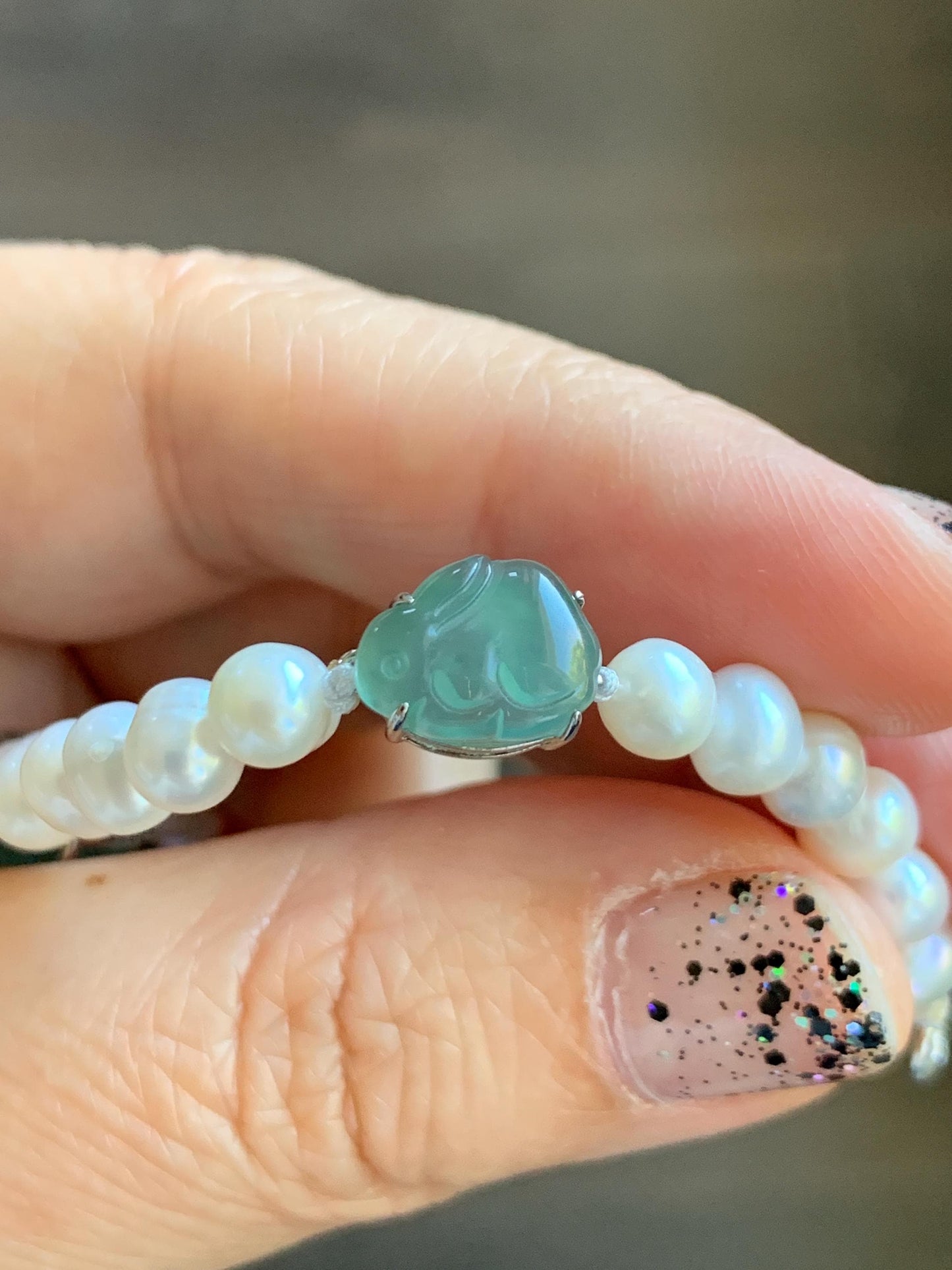 Natural Grade A Icy Translucent Teal Green Jadeite Charms Natural Freshwater Pearls Beaded Bracelet Sterling Silver 7" 天然淡水无核珍珠冰晴翡翠手串ZHF239