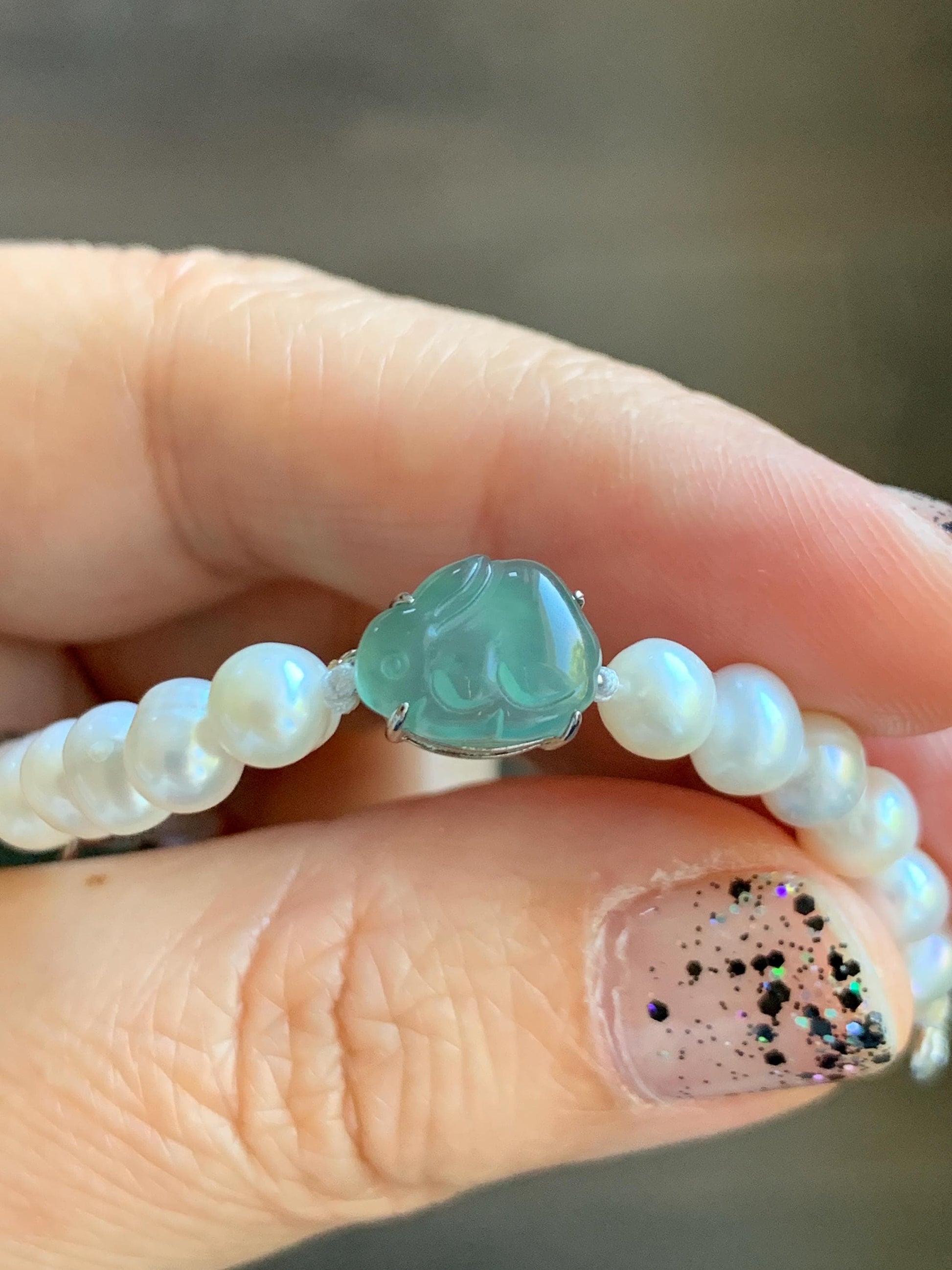 Natural Grade A Icy Translucent Teal Green Jadeite Charms Natural Freshwater Pearls Beaded Bracelet Sterling Silver 7" 天然淡水无核珍珠冰晴翡翠手串ZHF239