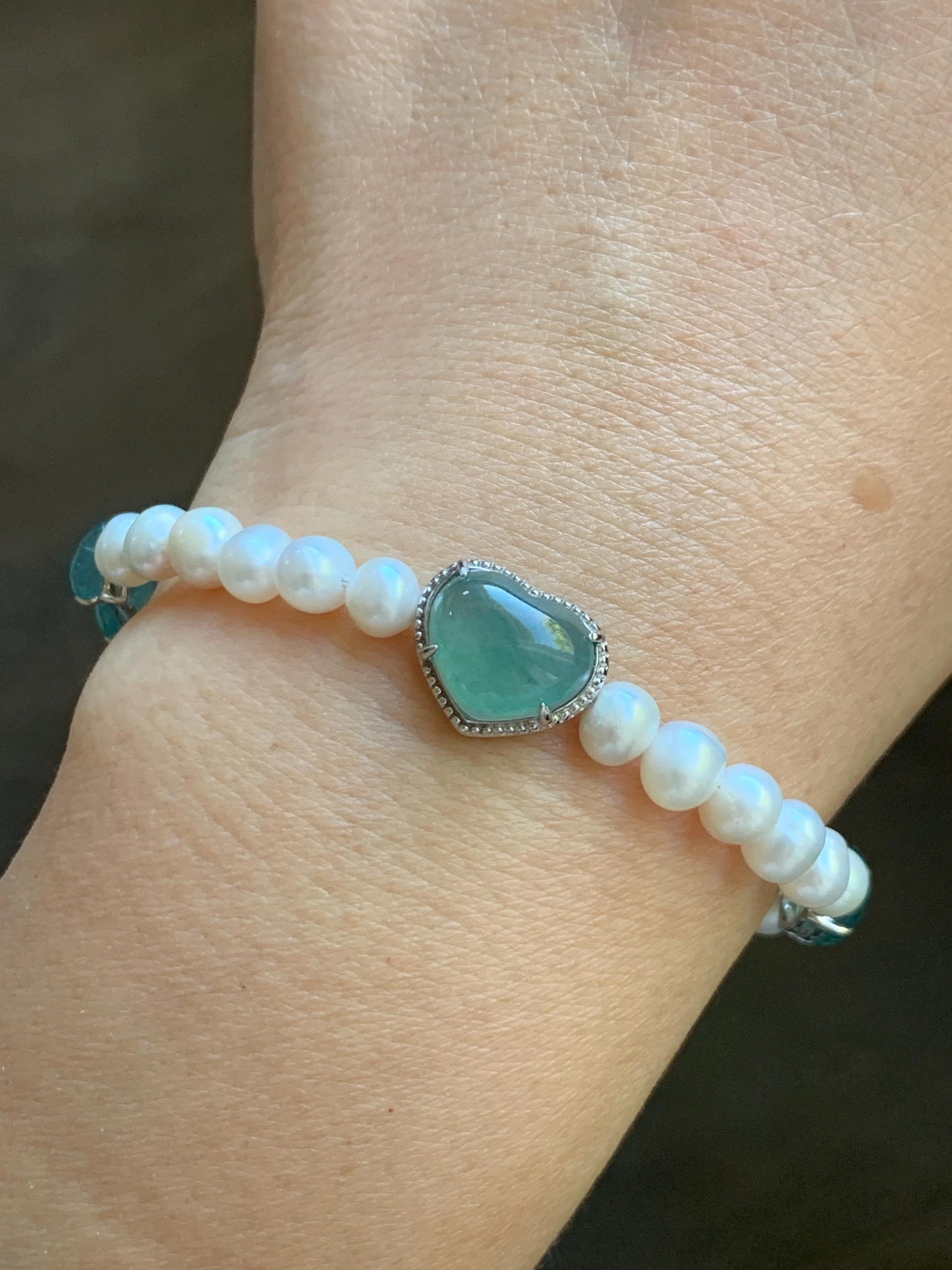 Natural Grade A Icy Translucent Teal Green Jadeite Charms Natural Freshwater Pearls Beaded Bracelet Sterling Silver 7" 天然淡水无核珍珠冰晴翡翠手串ZHF239