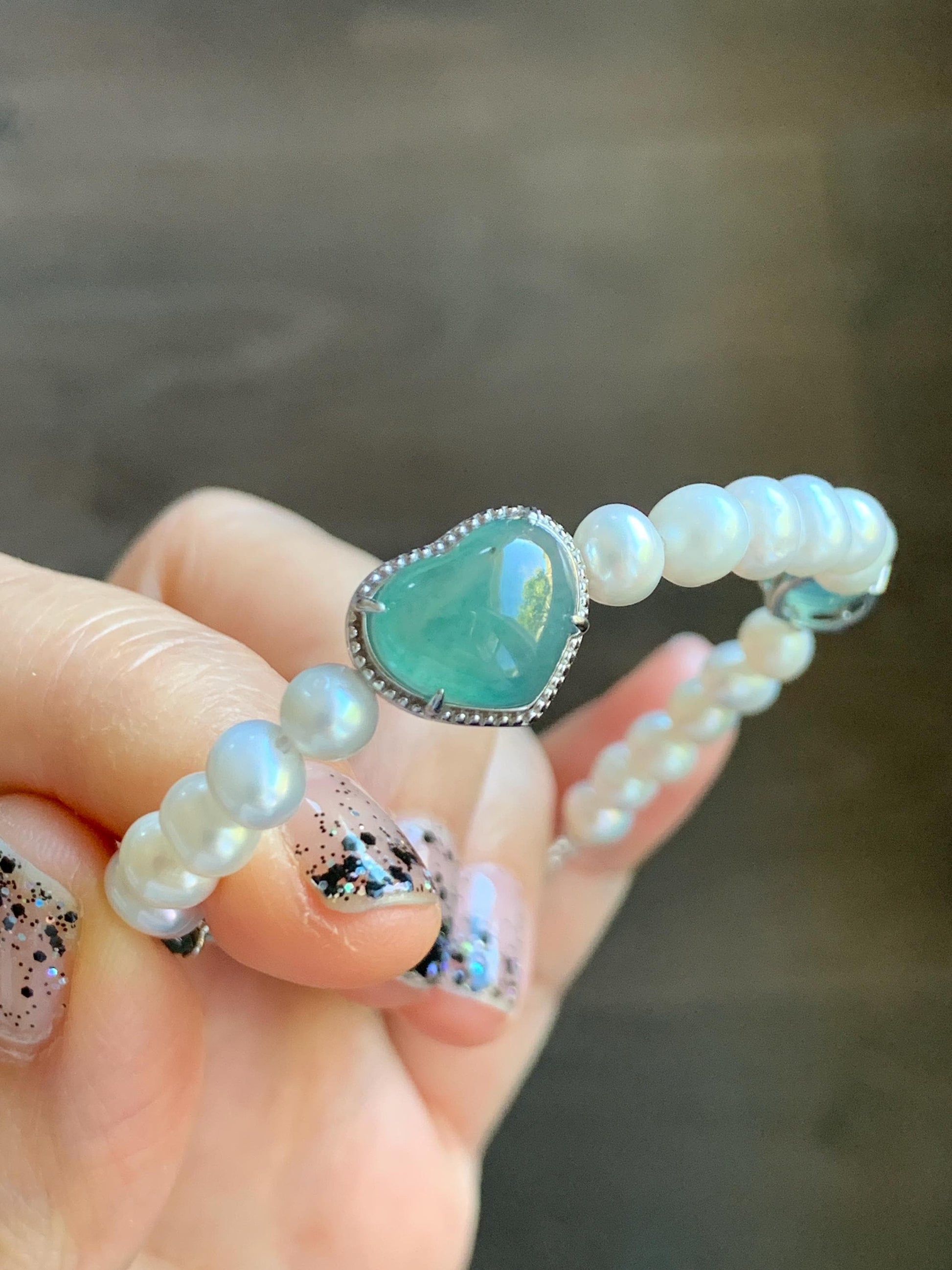 Natural Grade A Icy Translucent Teal Green Jadeite Charms Natural Freshwater Pearls Beaded Bracelet Sterling Silver 7" 天然淡水无核珍珠冰晴翡翠手串ZHF239