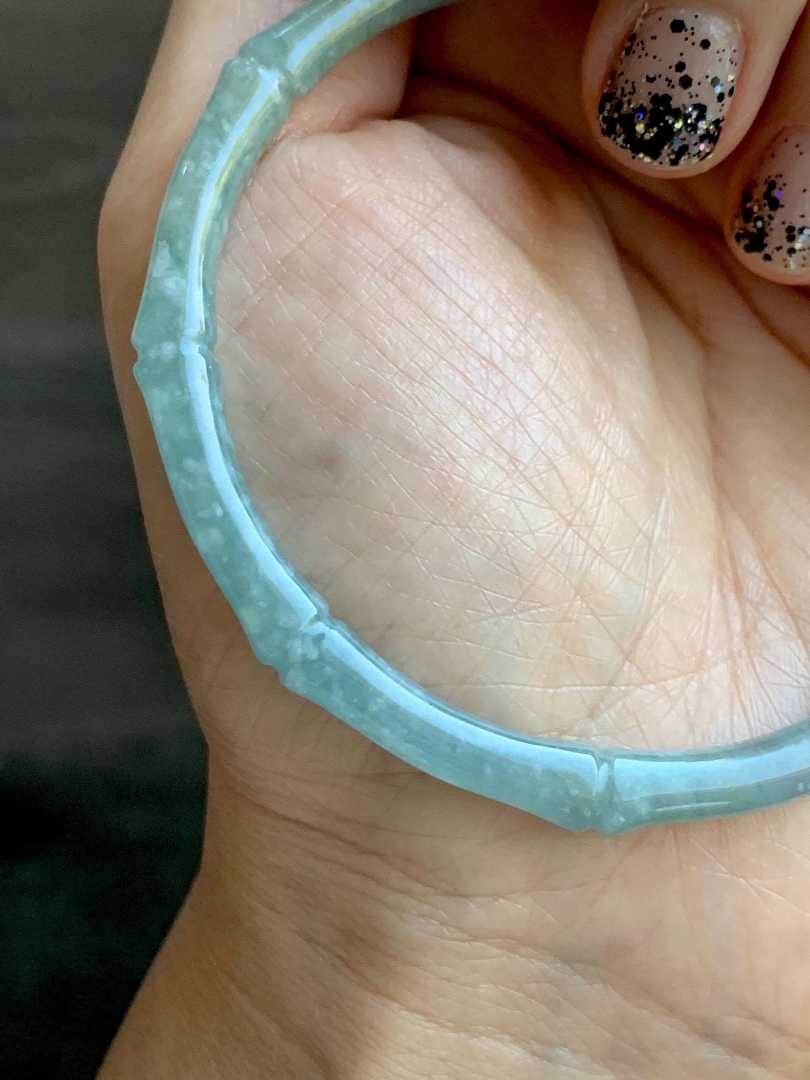 Certified Natural Grade A Guatemalan Translucent Pastel Dusty Blue Jade Jadeite Carved Bamboo Bangle 62.9mm 7.75” 15g 天然危浅篮翡翠竹节手镯 8776