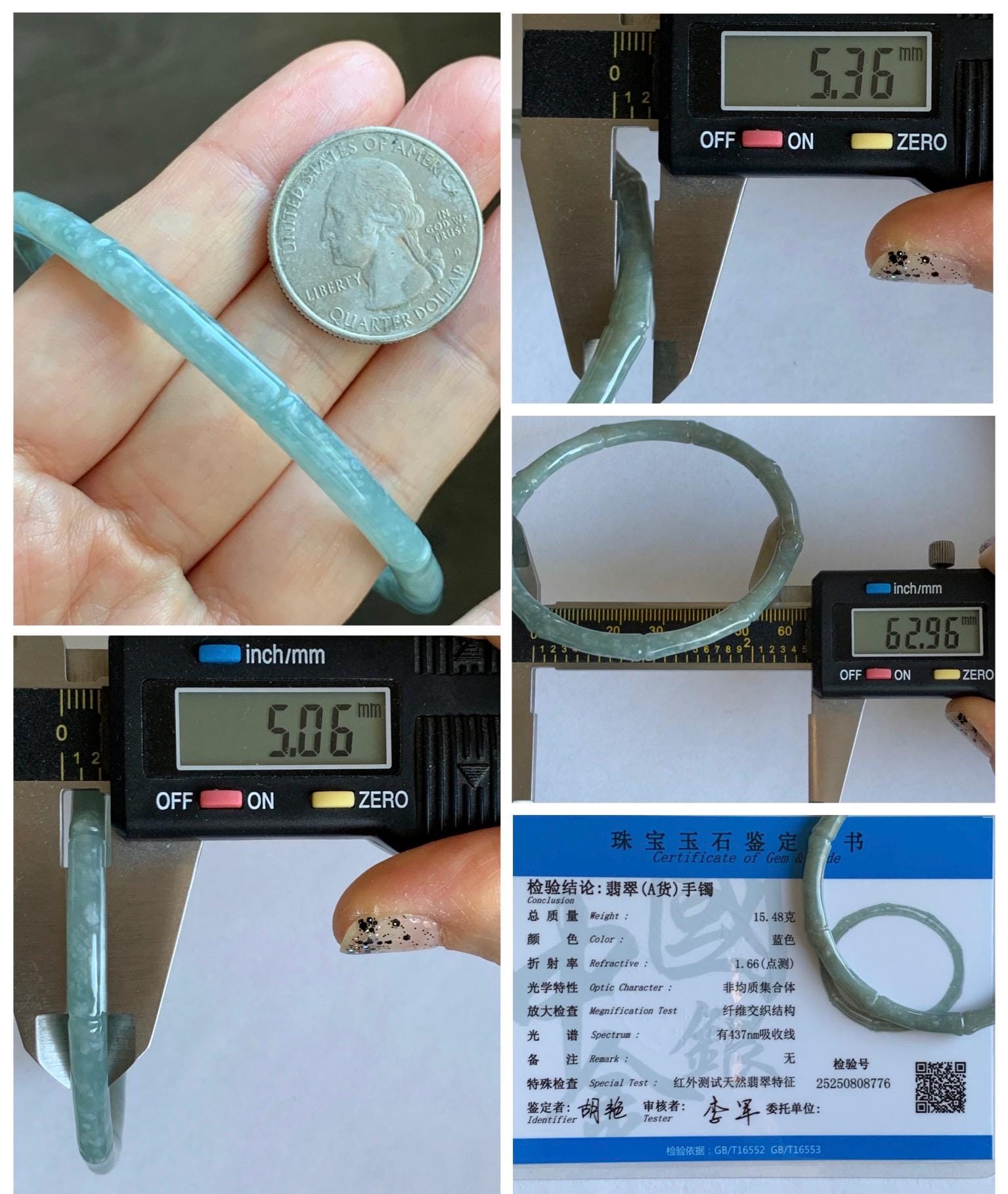 Certified Natural Grade A Guatemalan Translucent Pastel Dusty Blue Jade Jadeite Carved Bamboo Bangle 62.9mm 7.75” 15g 天然危浅篮翡翠竹节手镯 8776