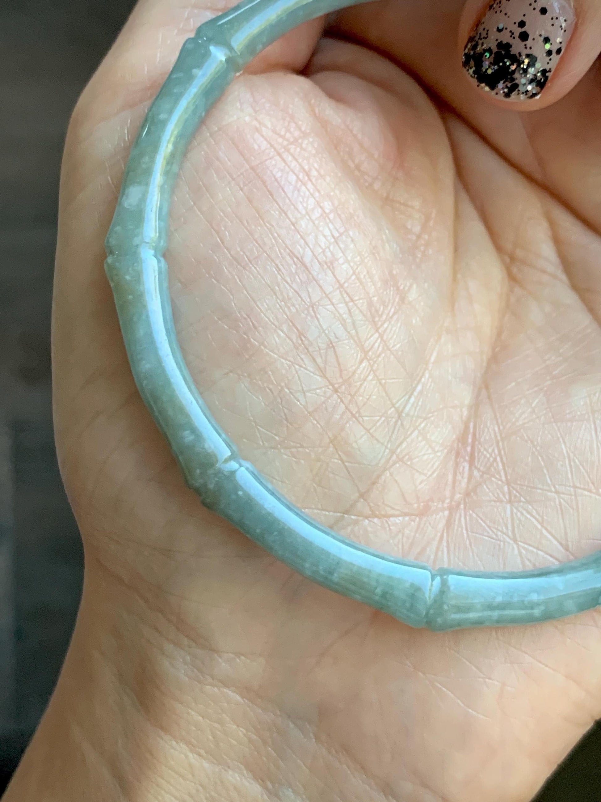 Certified Natural Grade A Guatemalan Translucent Pastel Dusty Blue Jade Jadeite Carved Bamboo Bangle 62.9mm 7.75” 15g 天然危浅篮翡翠竹节手镯 8776