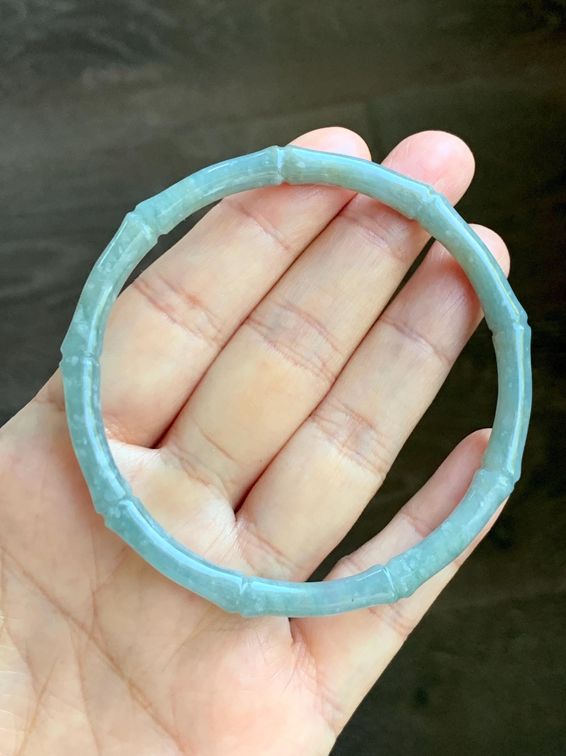 Certified Natural Grade A Guatemalan Translucent Pastel Dusty Blue Jade Jadeite Carved Bamboo Bangle 62.9mm 7.75” 15g 天然危浅篮翡翠竹节手镯 8776