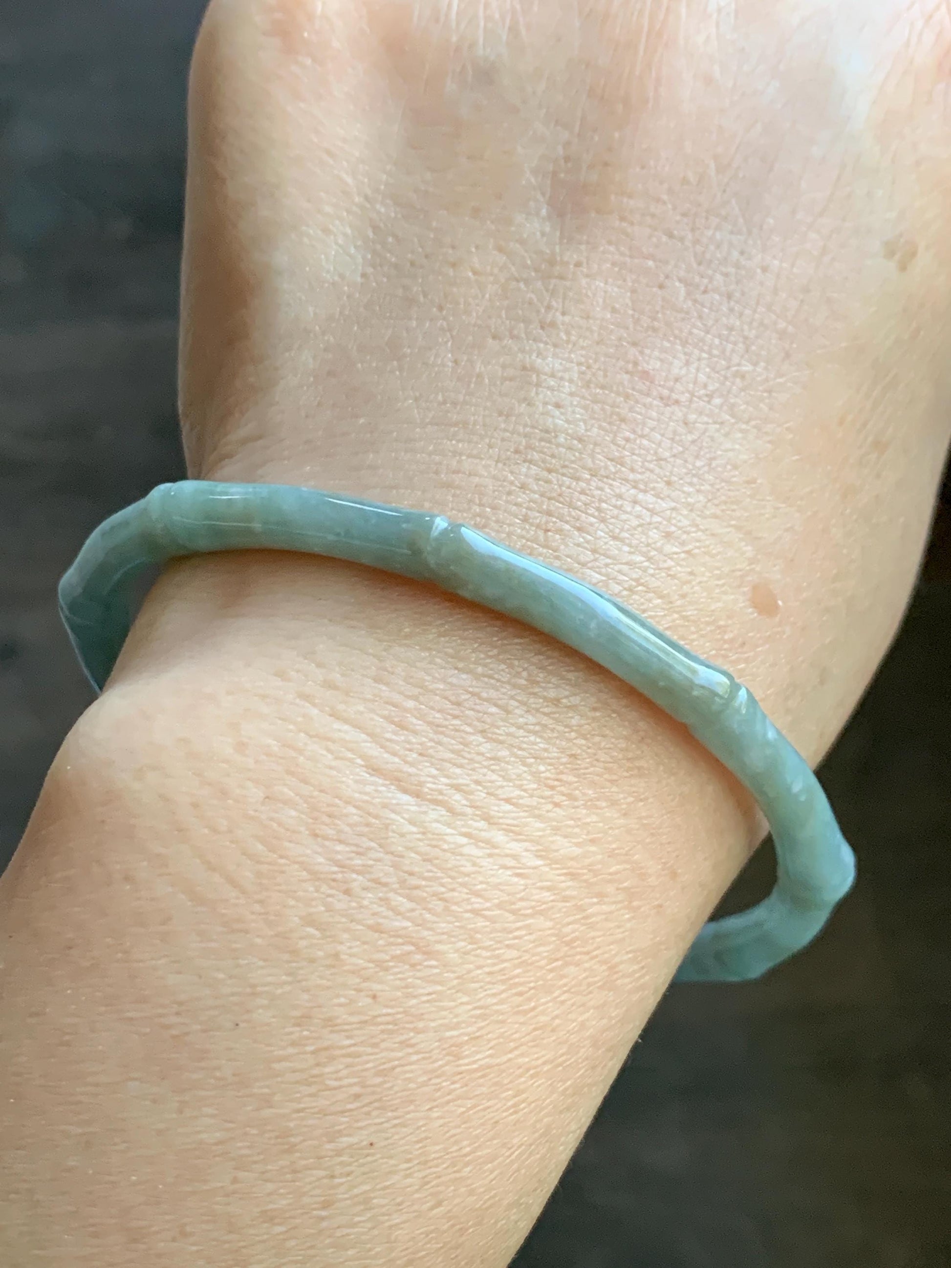 Certified Natural Grade A Guatemalan Translucent Pastel Dusty Blue Jade Jadeite Carved Bamboo Bangle 62.9mm 7.75” 15g 天然危浅篮翡翠竹节手镯 8776