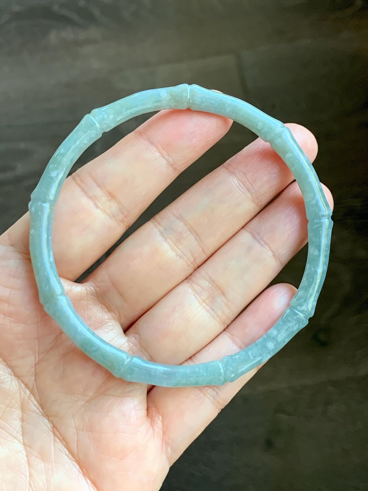 Certified Natural Grade A Guatemalan Translucent Pastel Dusty Blue Jade Jadeite Carved Bamboo Bangle 62.9mm 7.75” 15g 天然危浅篮翡翠竹节手镯 8776