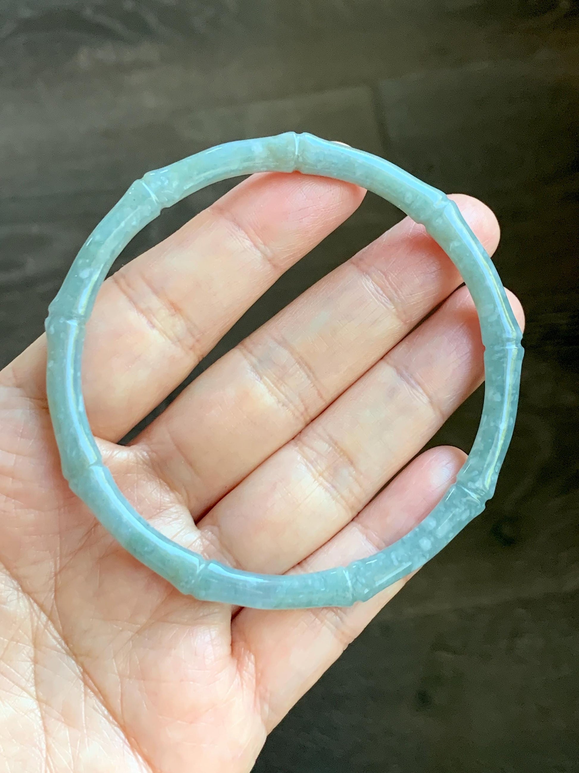 Certified Natural Grade A Guatemalan Translucent Pastel Dusty Blue Jade Jadeite Carved Bamboo Bangle 62.9mm 7.75” 15g 天然危浅篮翡翠竹节手镯 8776