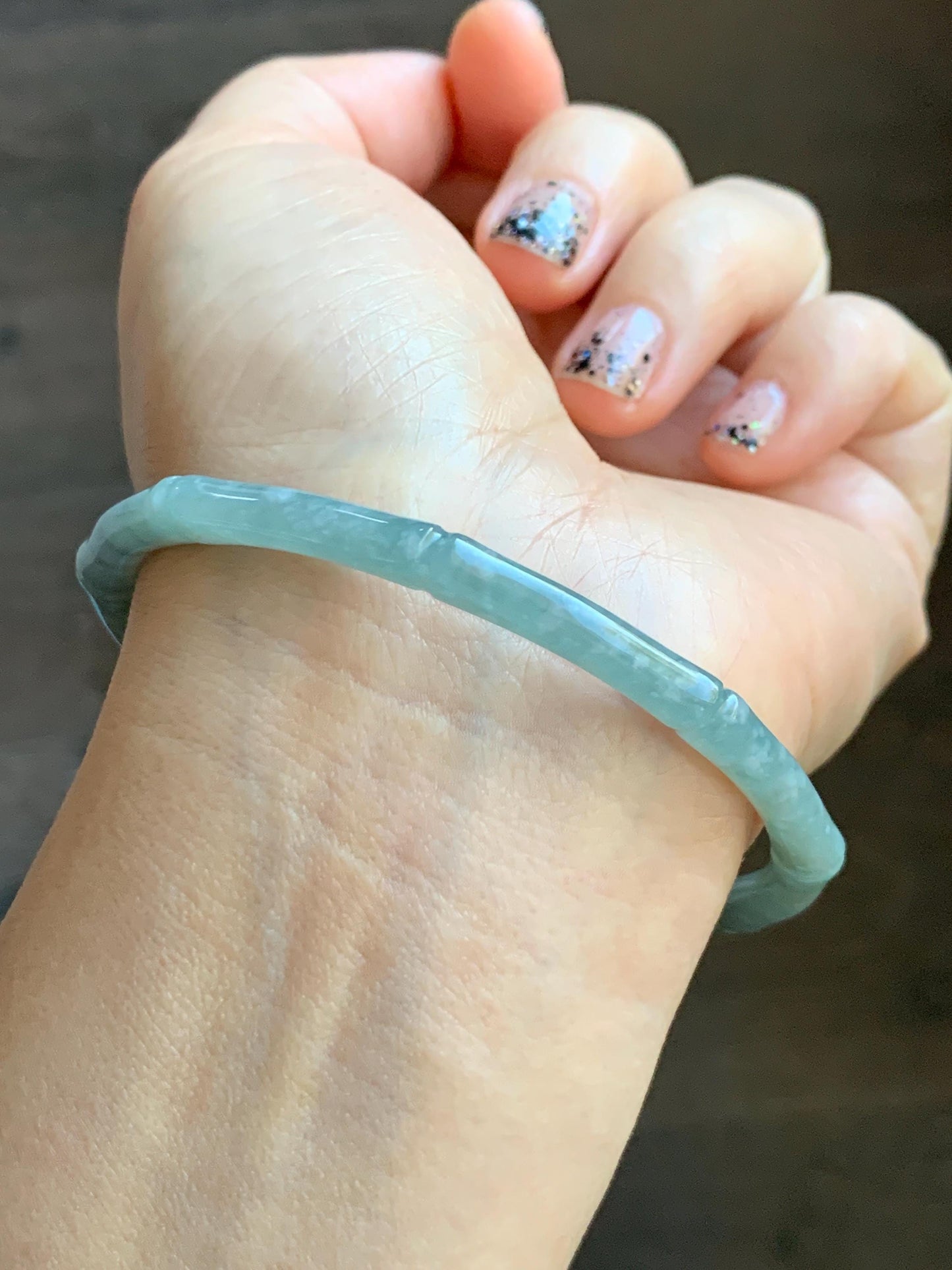 Certified Natural Grade A Guatemalan Translucent Pastel Dusty Blue Jade Jadeite Carved Bamboo Bangle 62.9mm 7.75” 15g 天然危浅篮翡翠竹节手镯 8776