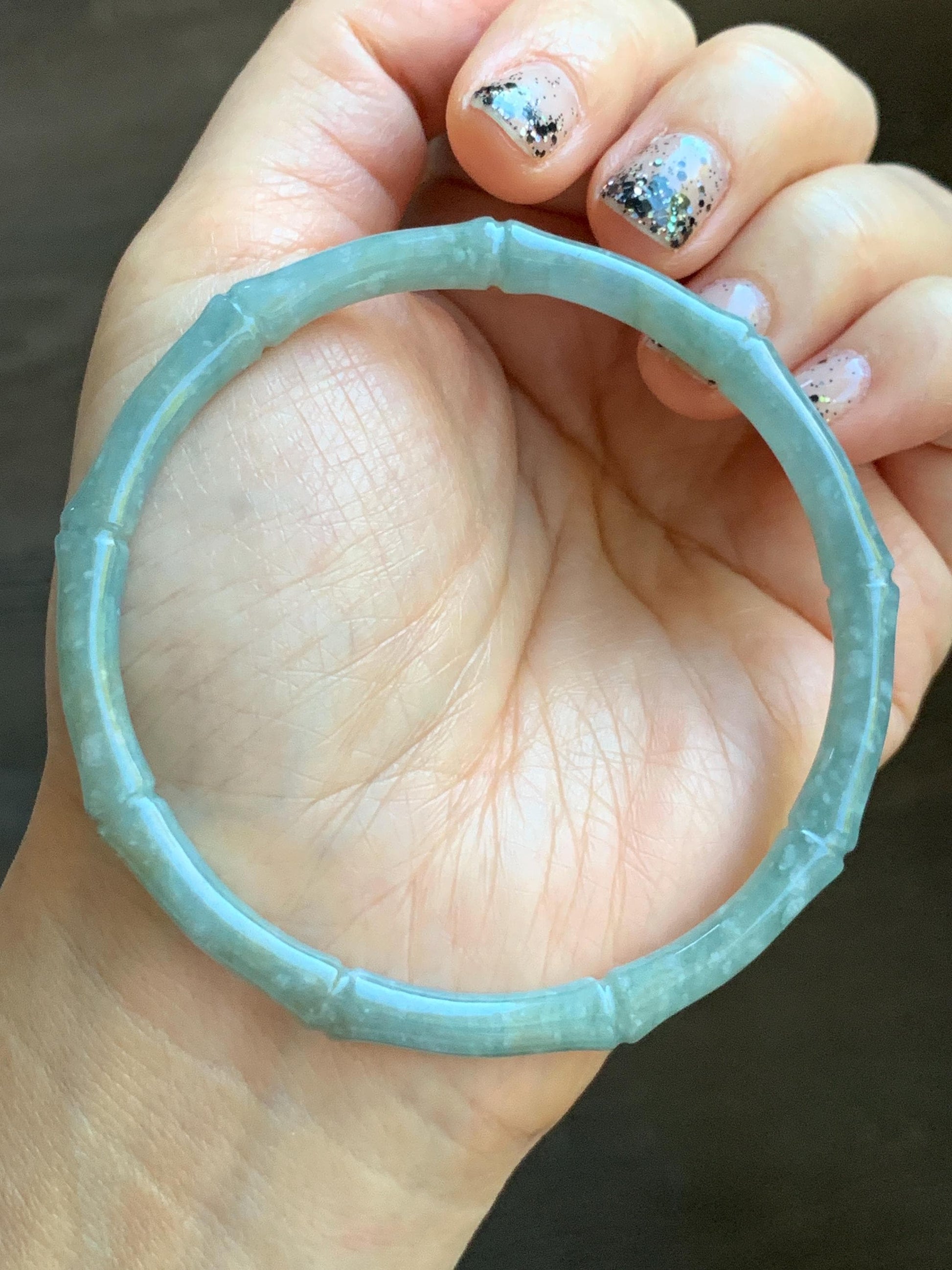 Certified Natural Grade A Guatemalan Translucent Pastel Dusty Blue Jade Jadeite Carved Bamboo Bangle 62.9mm 7.75” 15g 天然危浅篮翡翠竹节手镯 8776