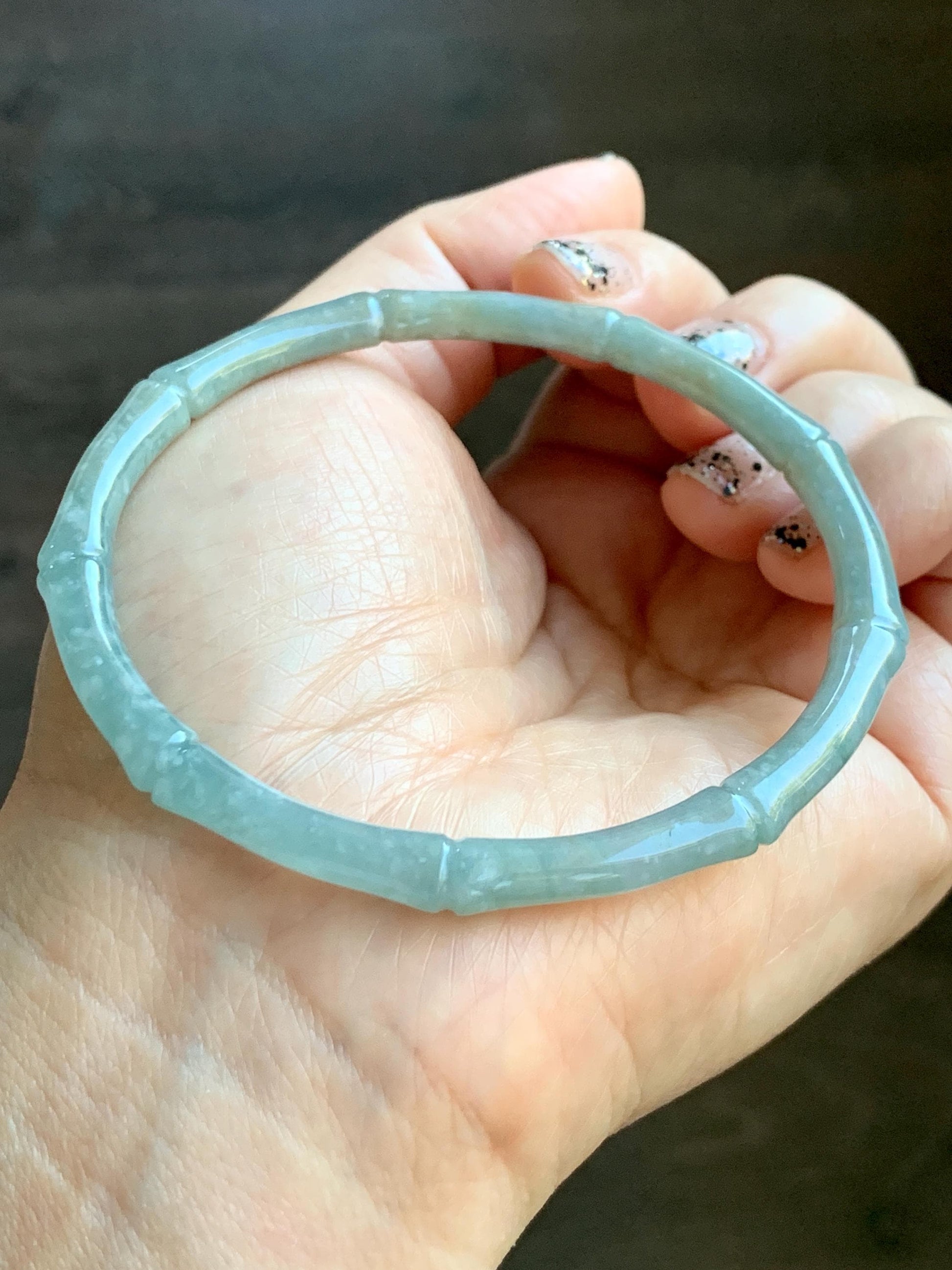 Certified Natural Grade A Guatemalan Translucent Pastel Dusty Blue Jade Jadeite Carved Bamboo Bangle 62.9mm 7.75” 15g 天然危浅篮翡翠竹节手镯 8776